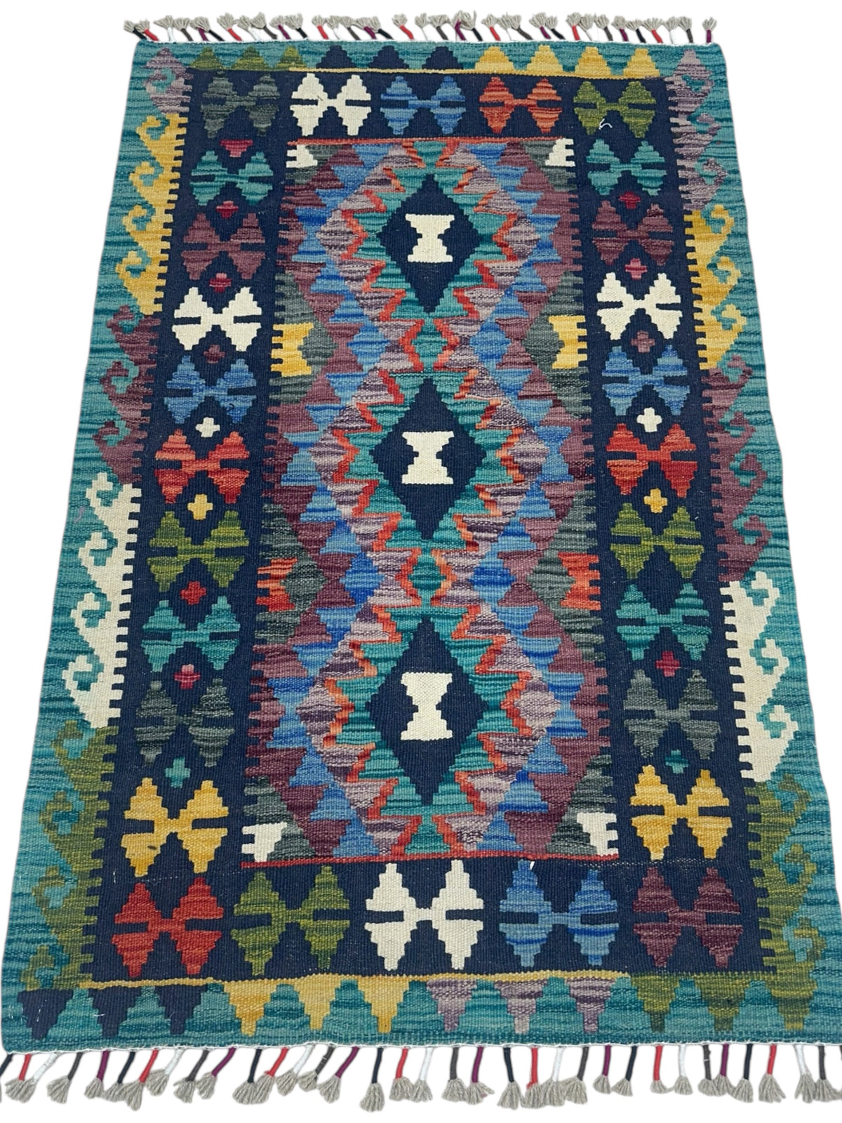 Afghan Kilim Rug 3x4, Navy, Teal & Blue, Hand-Woven Wool Flatweave, view 2