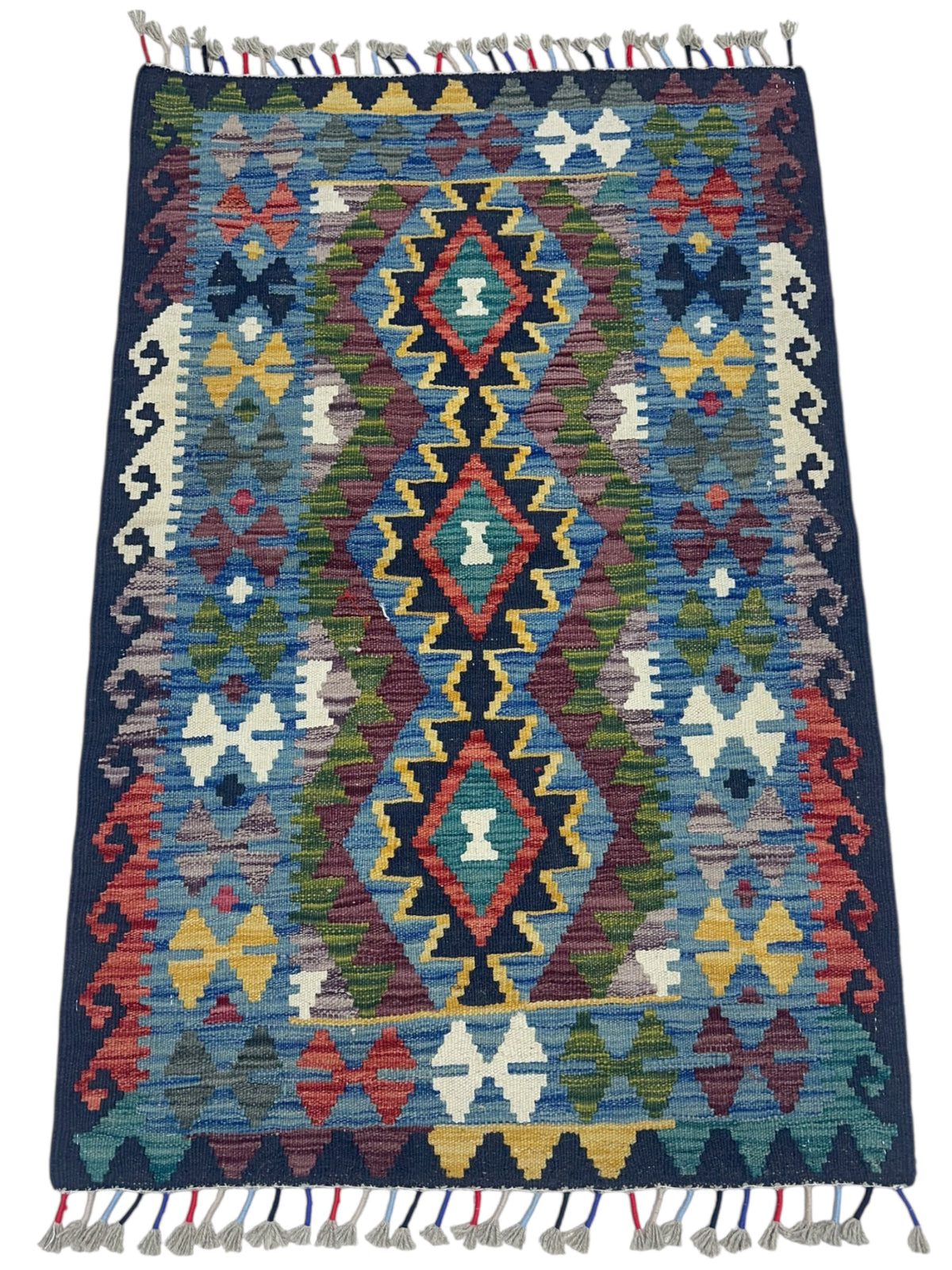 Afghan Kilim Rug 3x4, Blue, Navy & Olive Green, Hand-Woven Wool Flatweave, view 2