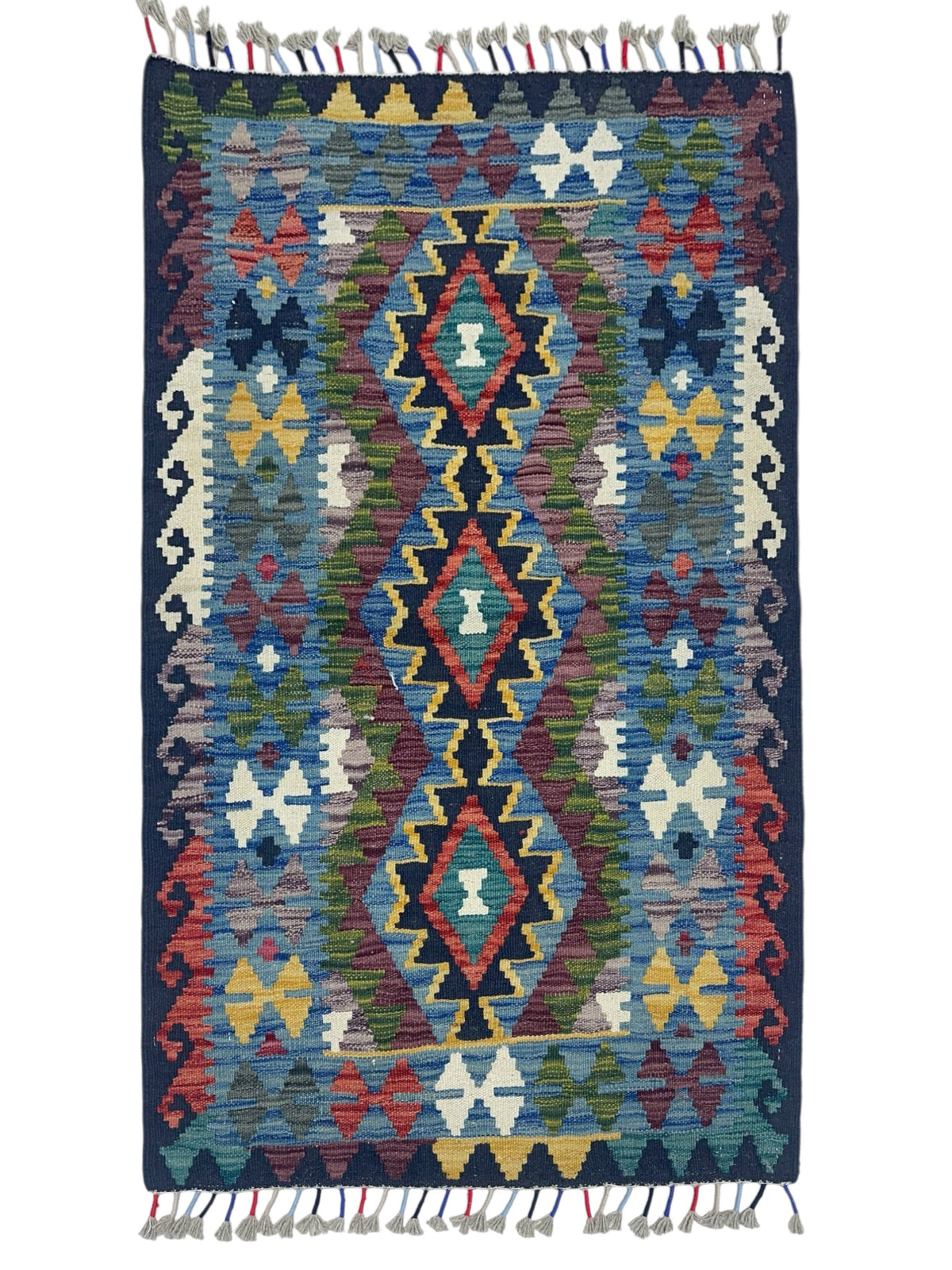 Afghan Kilim Rug 3x4, Blue, Navy & Olive Green, Hand-Woven Wool Flatweave
