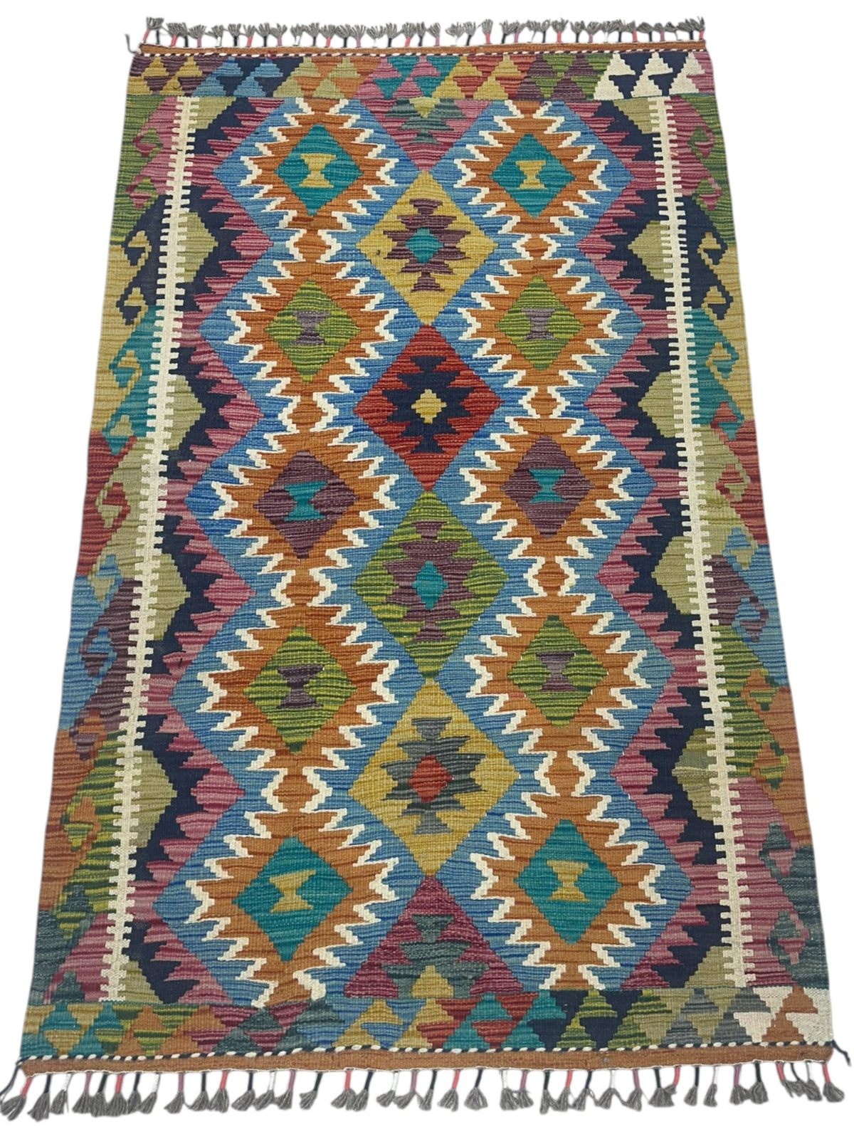 Afghan Kilim Rug 3x5, Blue, Orange & Olive Green, Hand-Woven Wool Flatweave, view 2