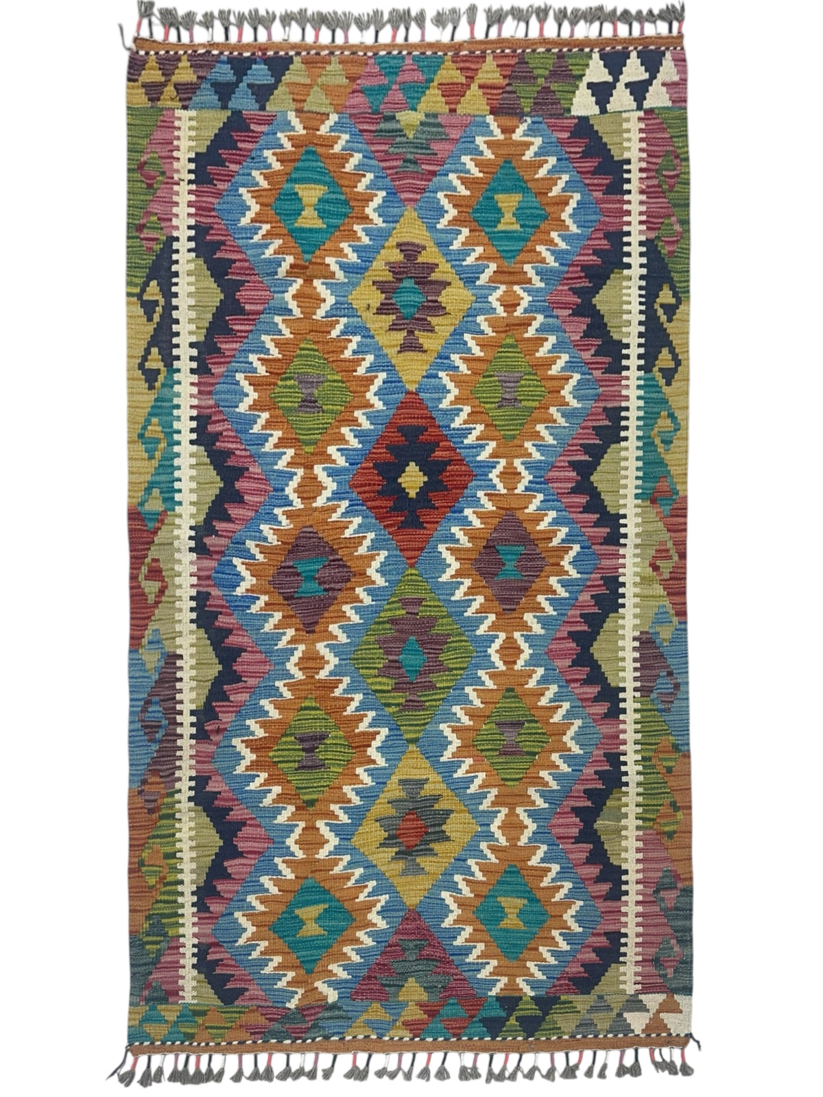 Afghan Kilim Rug 3x5, Blue, Orange & Olive Green, Hand-Woven Wool Flatweave