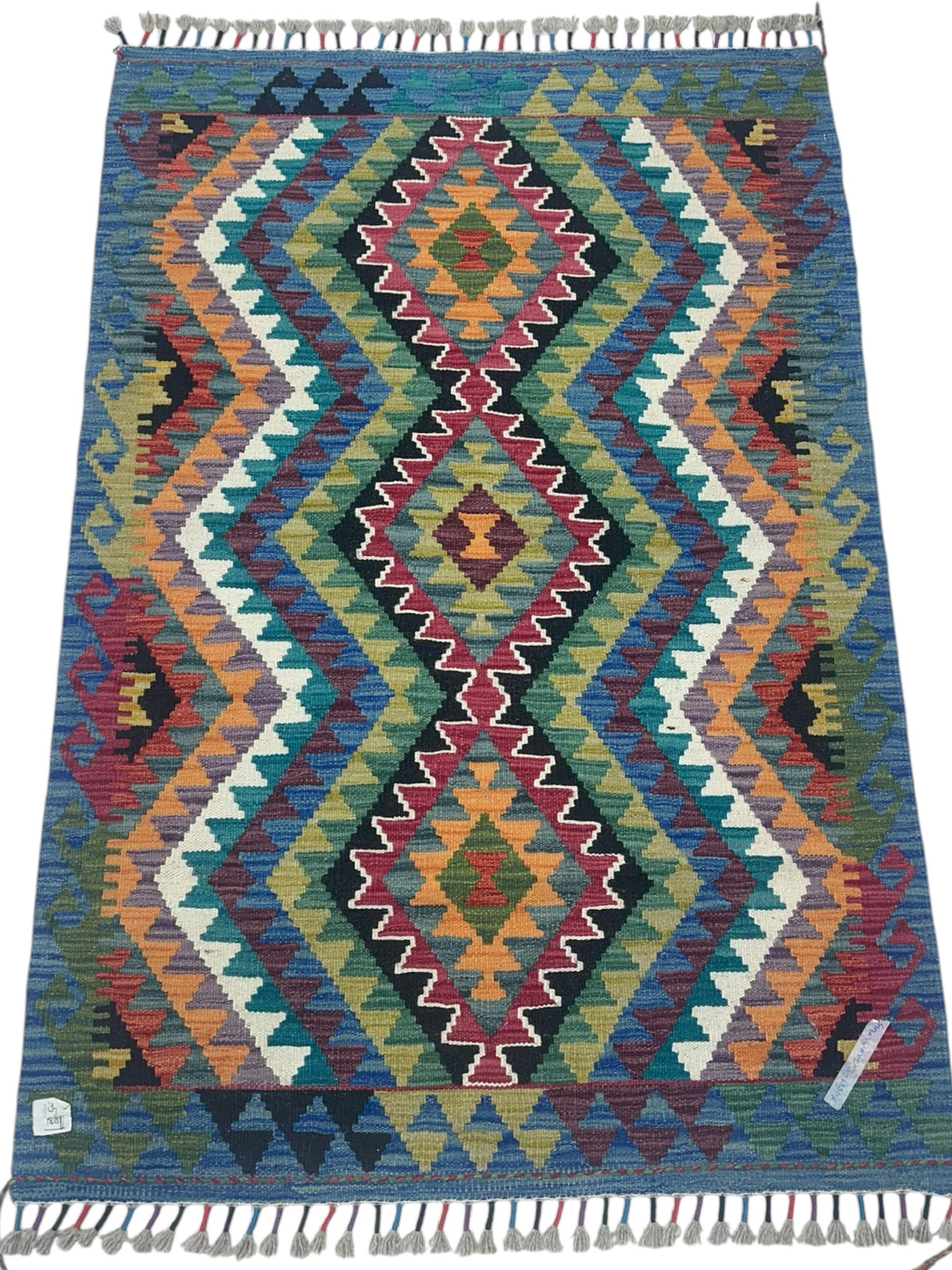 Afghan Kilim Rug 3x5, Blue, Green & Orange, Hand-Woven Wool Flatweave, view 2