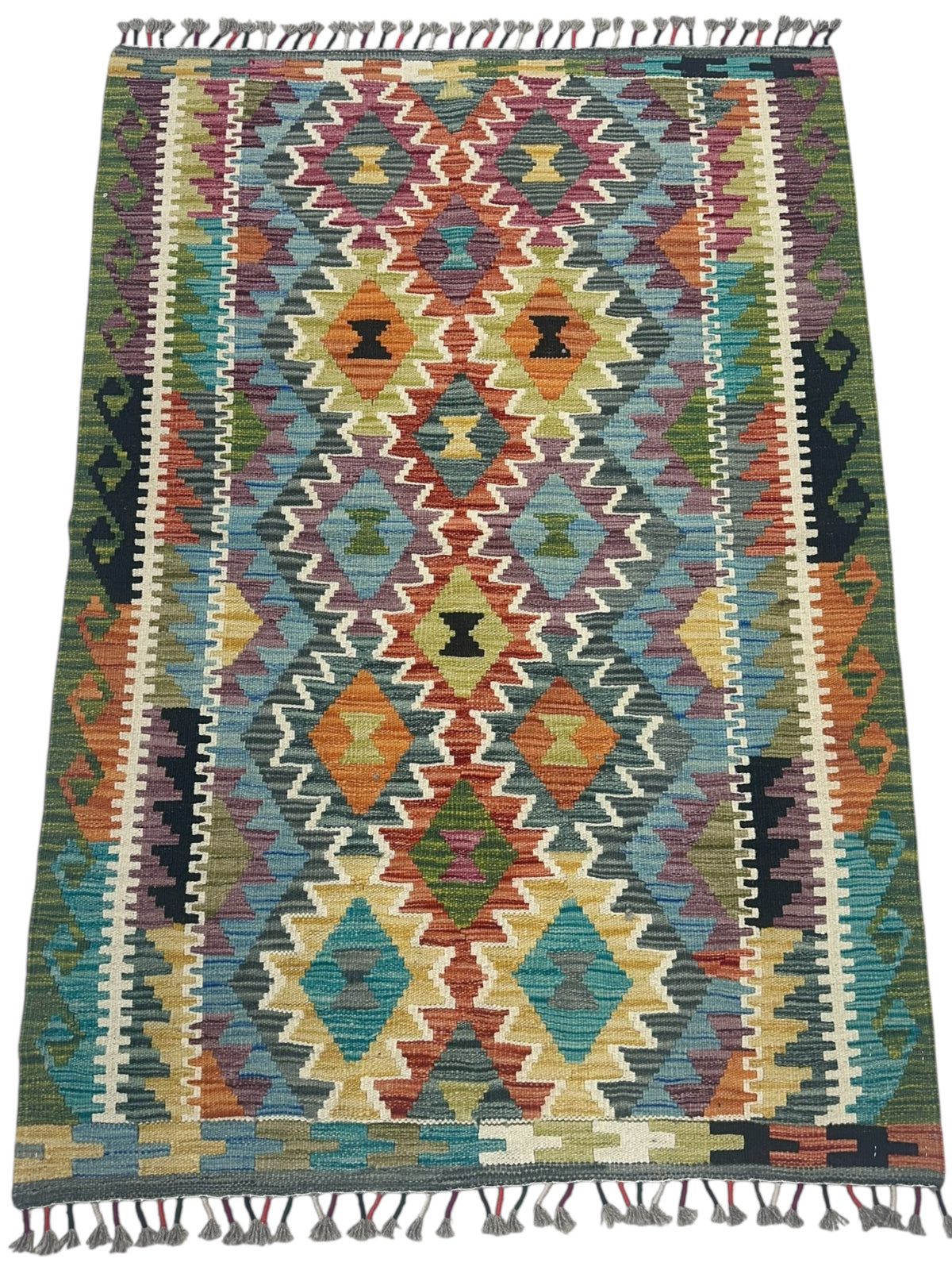 Afghan Kilim Rug 4x5, Olive Green, Blue & Rust, Hand-Woven Wool Flatweave, view 2
