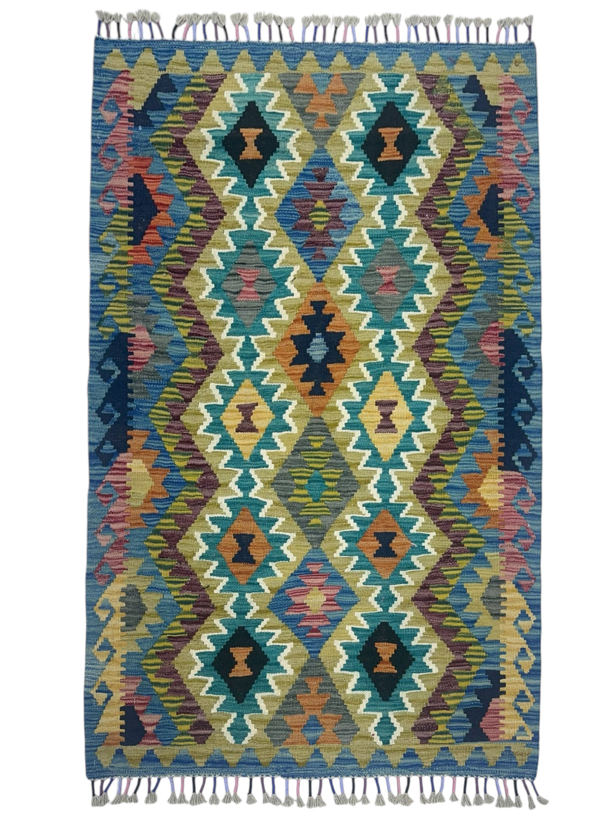 Afghan Kilim Rug 3x5, Blue, Teal & Gold, Hand-Woven Wool Flatweave