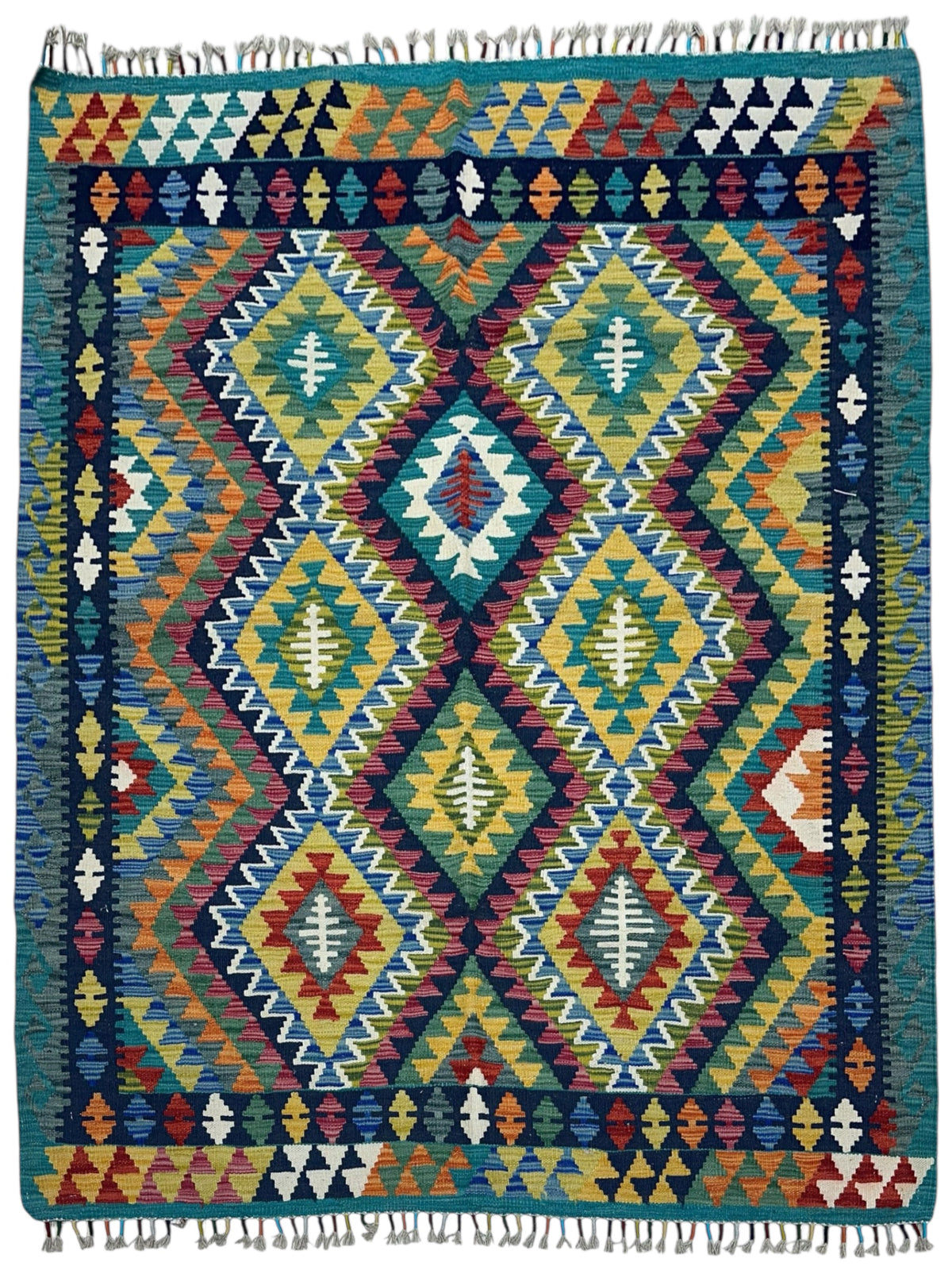 Afghan Kilim Rug 5x6, Teal, Gold & Navy, Hand-Woven Wool Flatweave