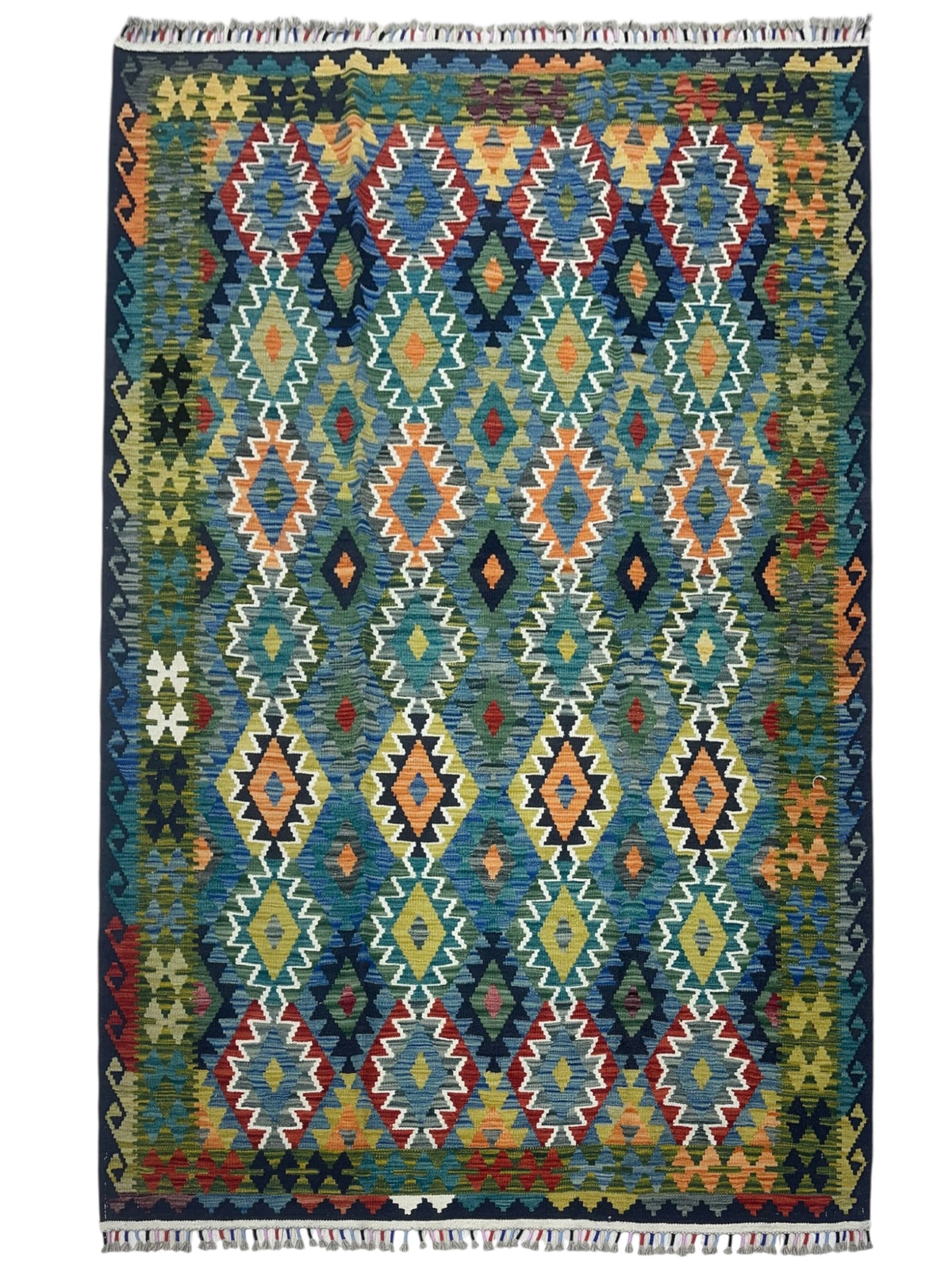 Afghan Kilim Rug 6x8, Teal, Olive Green & Blue, Hand-Woven Wool Flatweave
