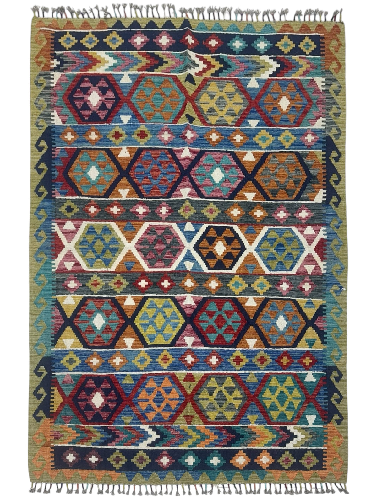 Afghan Kilim Rug 6x8, Navy, Rust & Olive Green, Hand-Woven Wool Flatweave