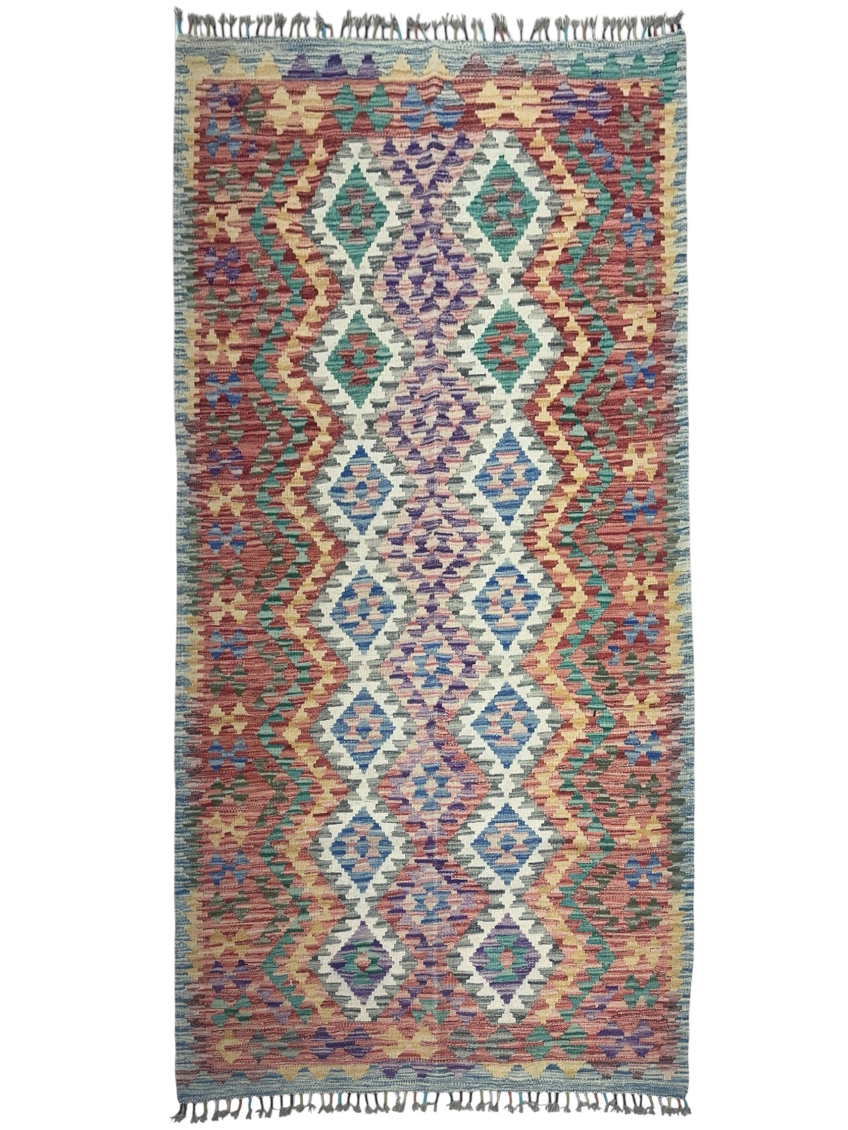 Afghan Kilim Rug 4x7, Rust, Pink & Purple, Hand-Woven Wool Flatweave