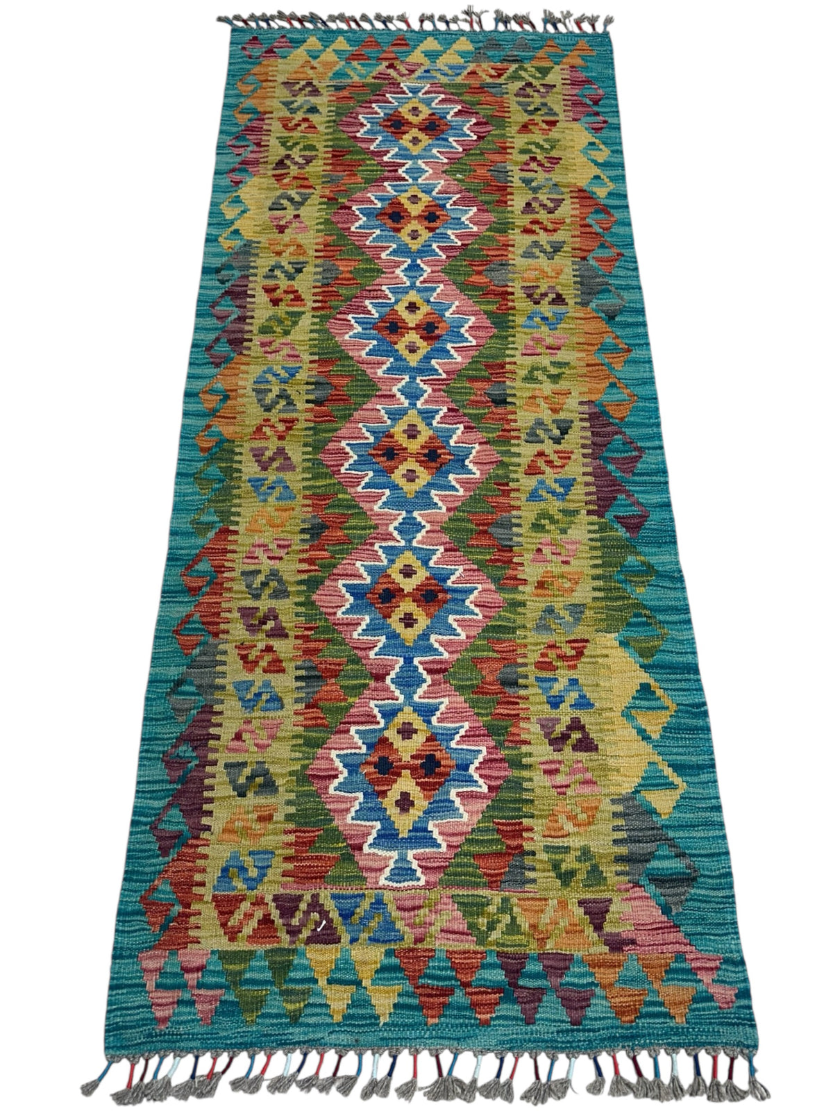 Afghan Kilim Runner 3x7, Teal, Gold & Olive Green, Hand-Woven Wool Flatweave, view 2