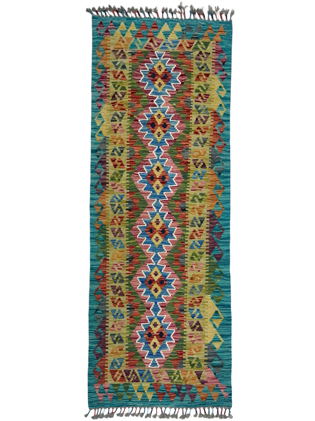 Afghan Kilim Runner 3x7, Teal, Gold & Olive Green, Hand-Woven Wool Flatweave