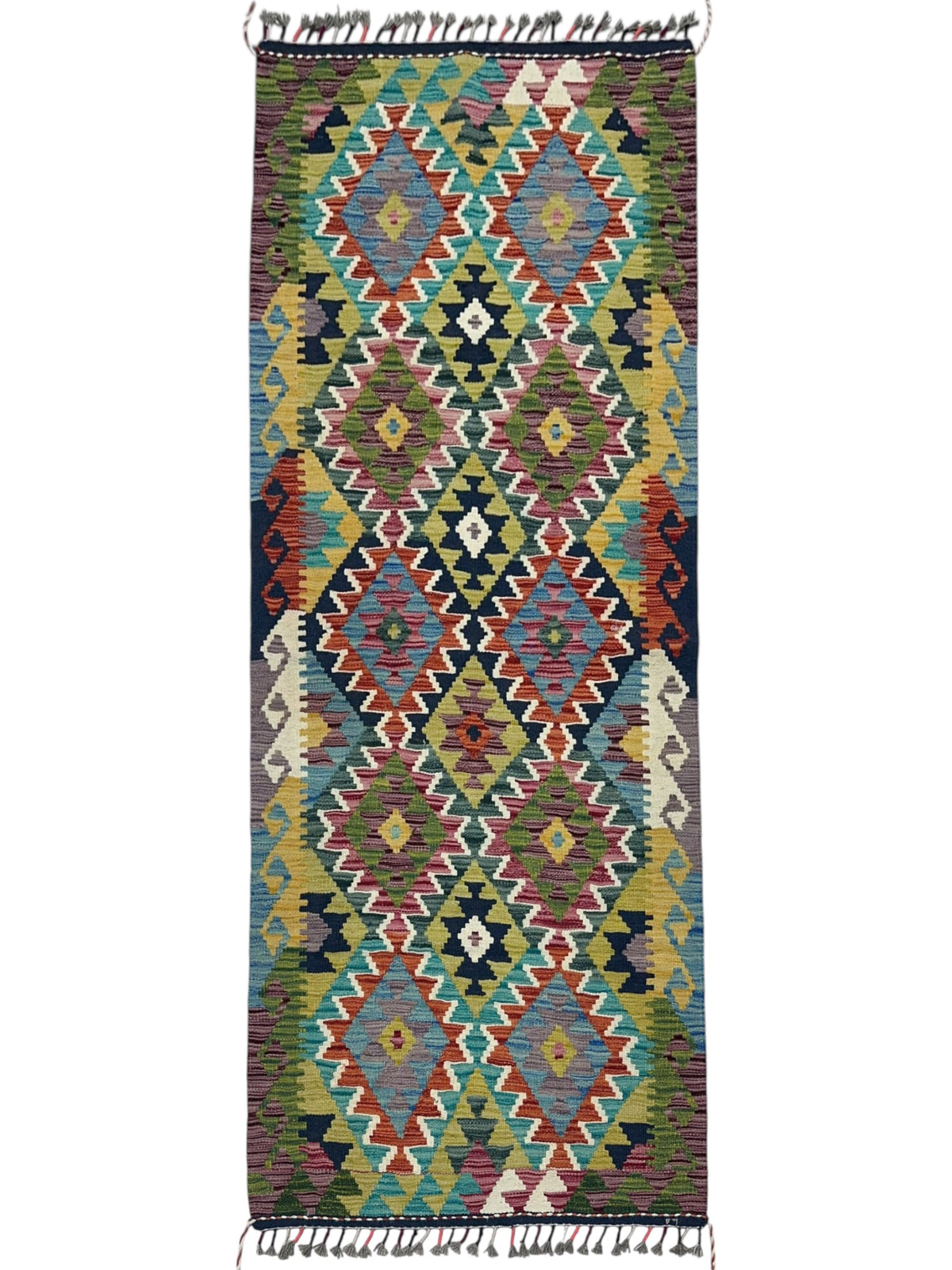 Afghan Kilim Runner 3x7, Olive Green, Teal & Rust, Hand-Woven Wool Flatweave