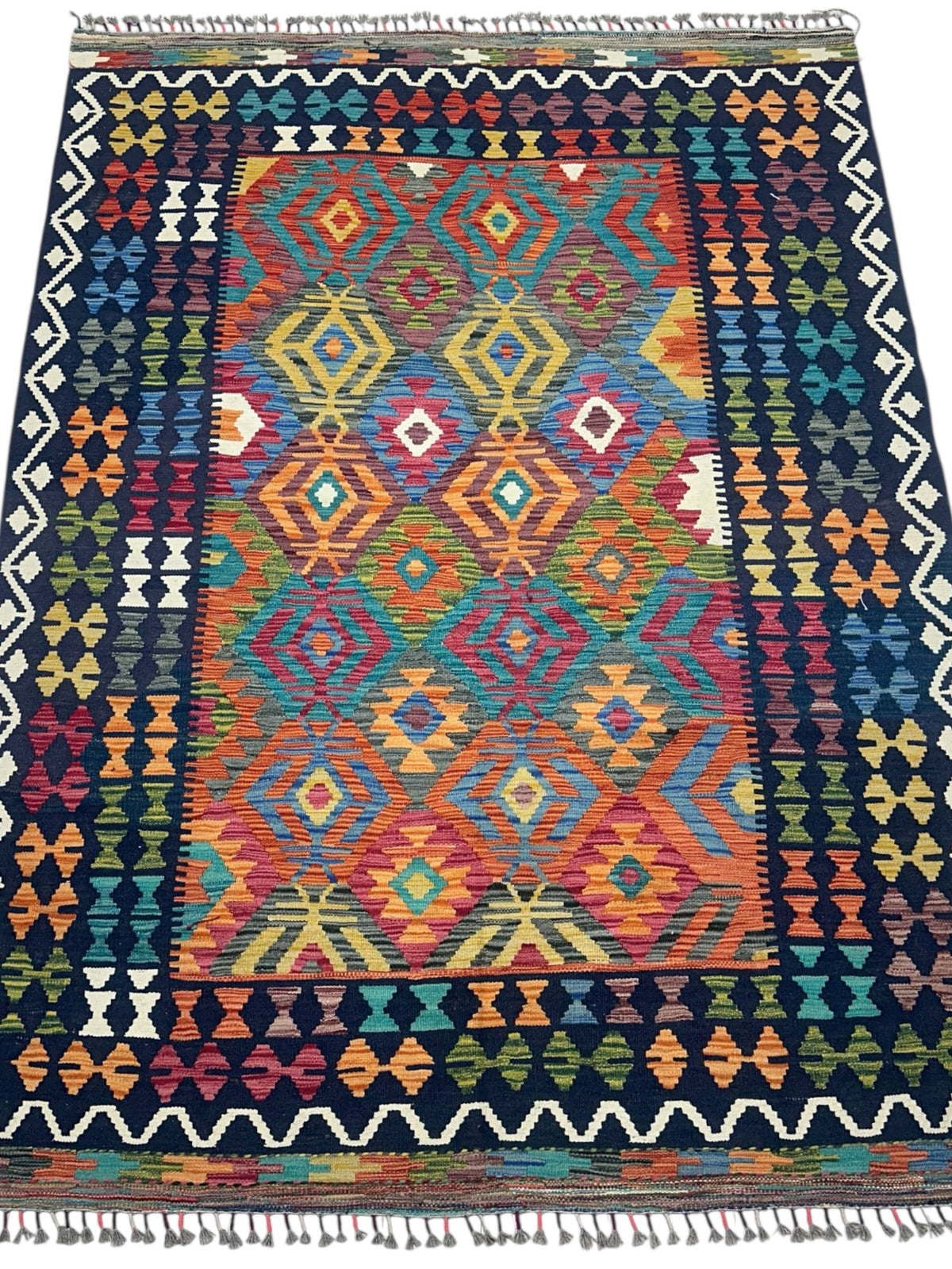 Afghan Kilim Rug 6x8, Navy, Orange & Teal, Hand-Woven Wool Flatweave, view 2