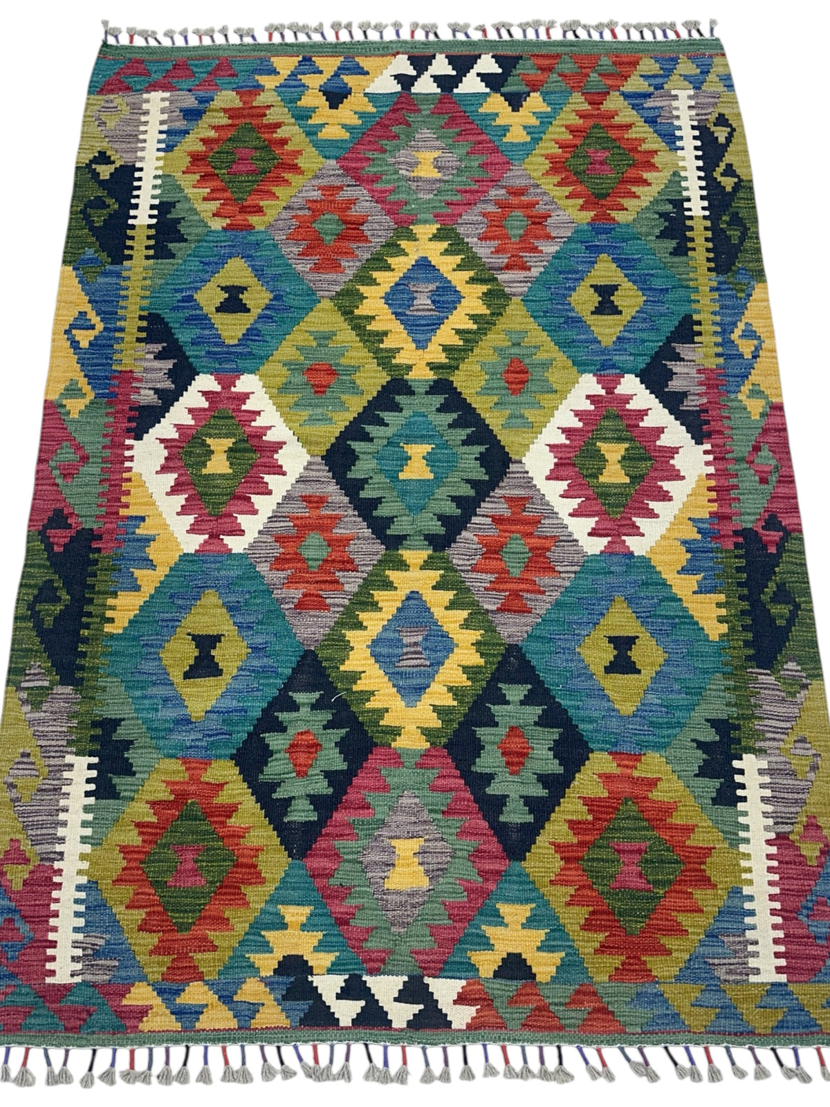 Afghan Kilim Rug 4x6, Olive Green, Teal & Red, Hand-Woven Wool Flatweave, view 2