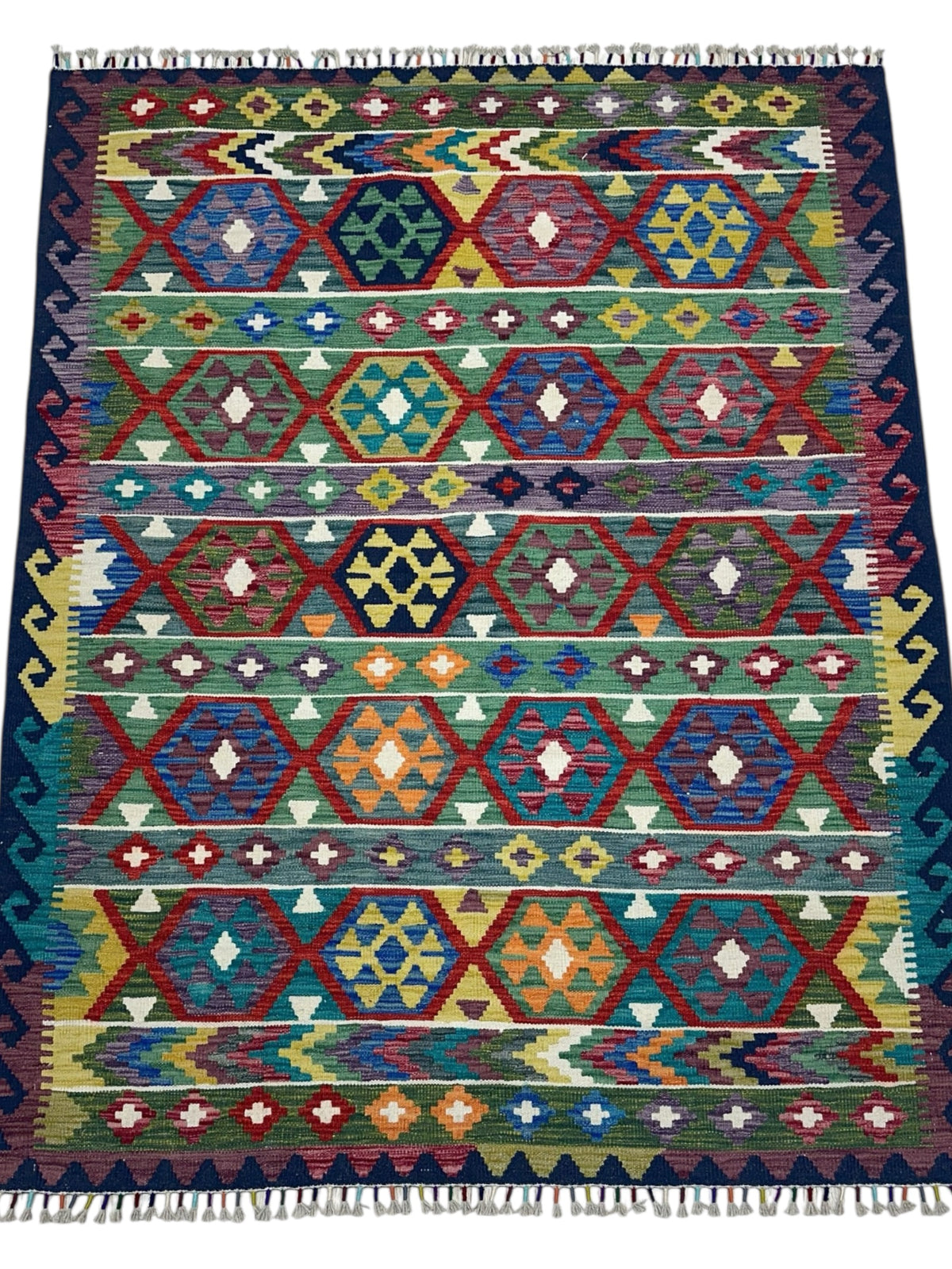 Afghan Kilim Rug 5x7, Green, Red & Navy, Hand-Woven Wool Flatweave, view 2