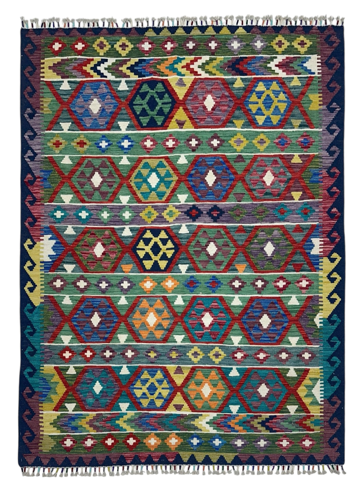 Afghan Kilim Rug 5x7, Green, Red & Navy, Hand-Woven Wool Flatweave
