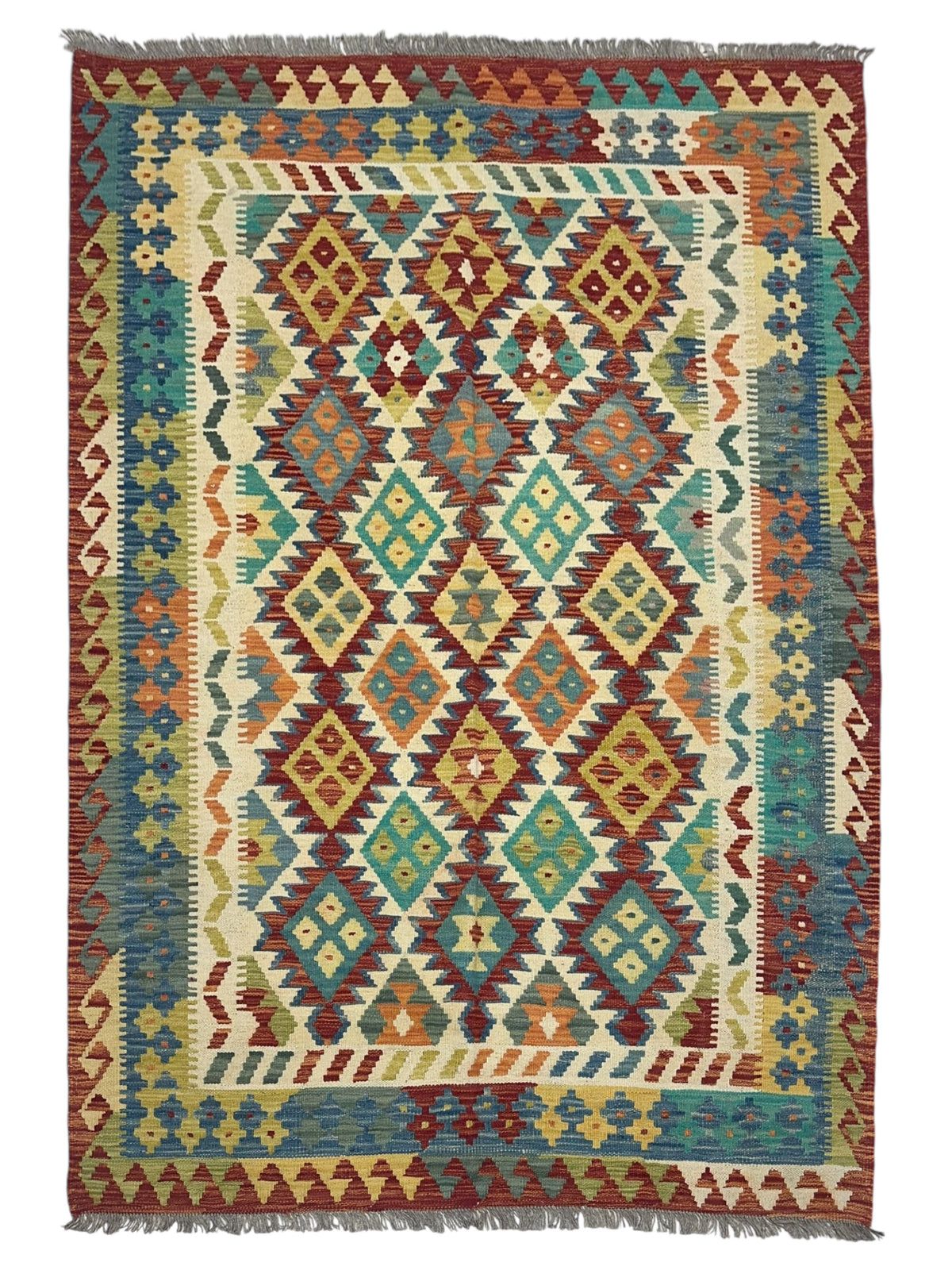 Afghan Kilim Rug 5x6, Rust, Ivory & Teal, Hand-Woven Wool Flatweave