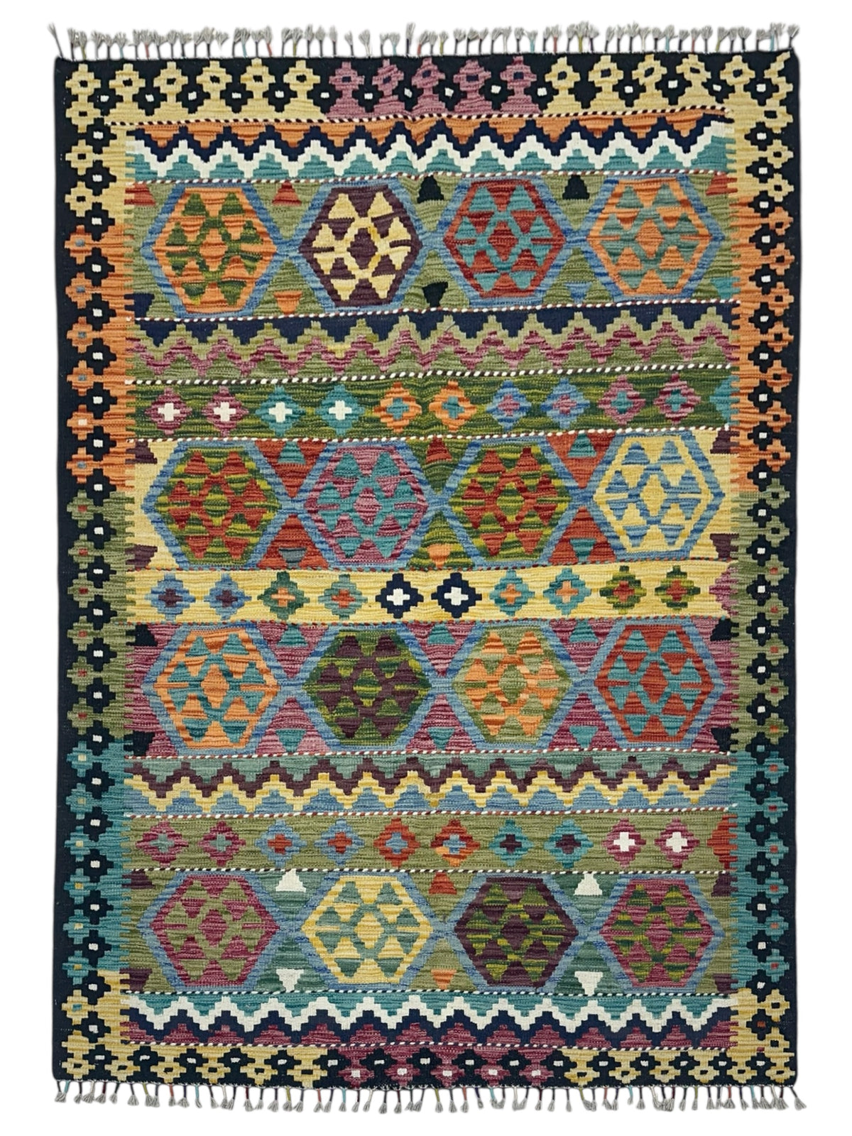 Afghan Kilim Rug 5x7, Gold, Black & Olive Green, Hand-Woven Wool Flatweave