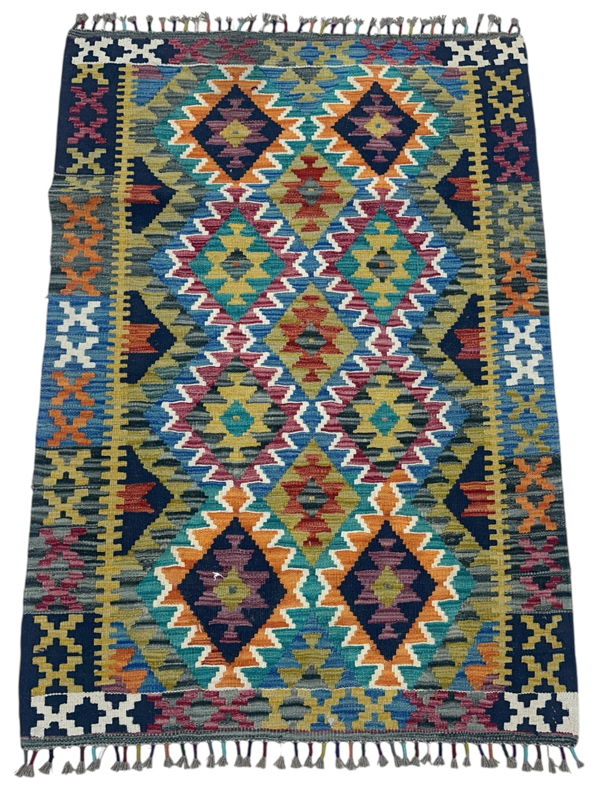 Afghan Kilim Rug 3x5, Olive Green, Navy & Orange, Hand-Woven Wool Flatweave, view 2