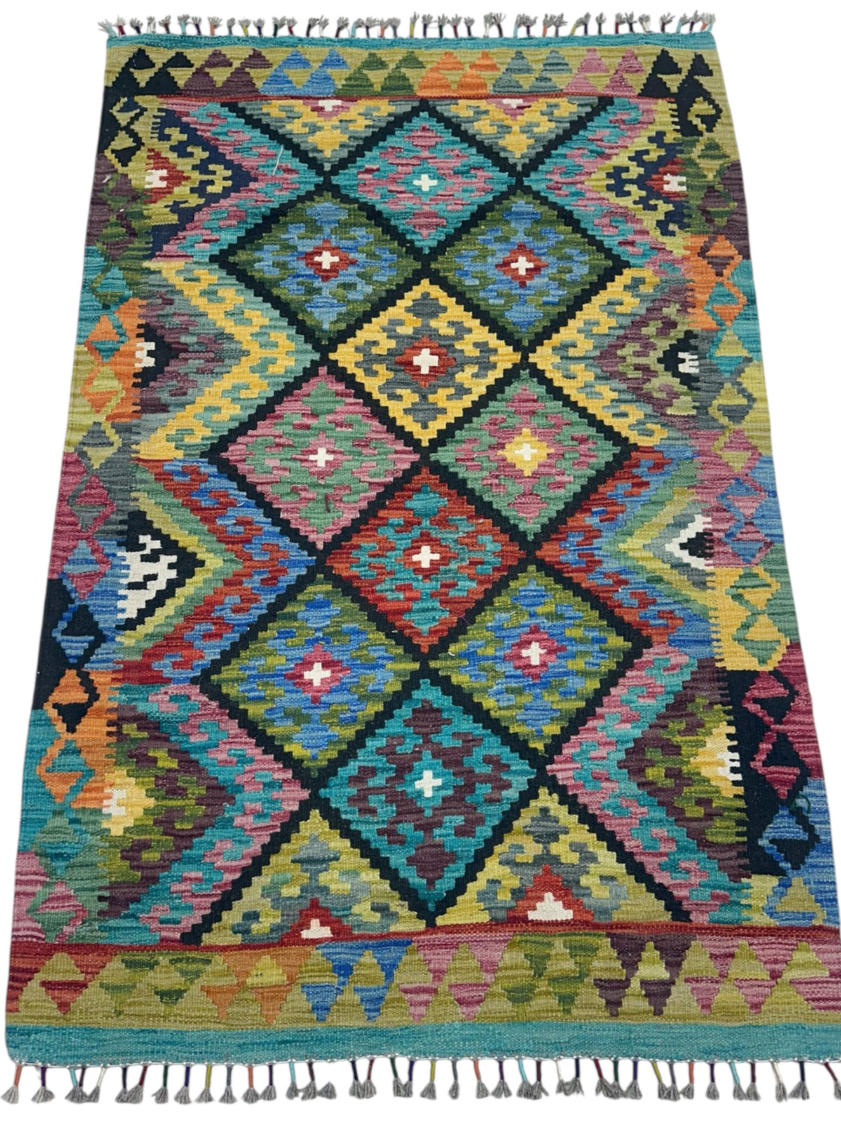Afghan Kilim Rug 3x5, Olive Green, Teal & Gold, Diamond Lattice Wool Flatweave, view 2