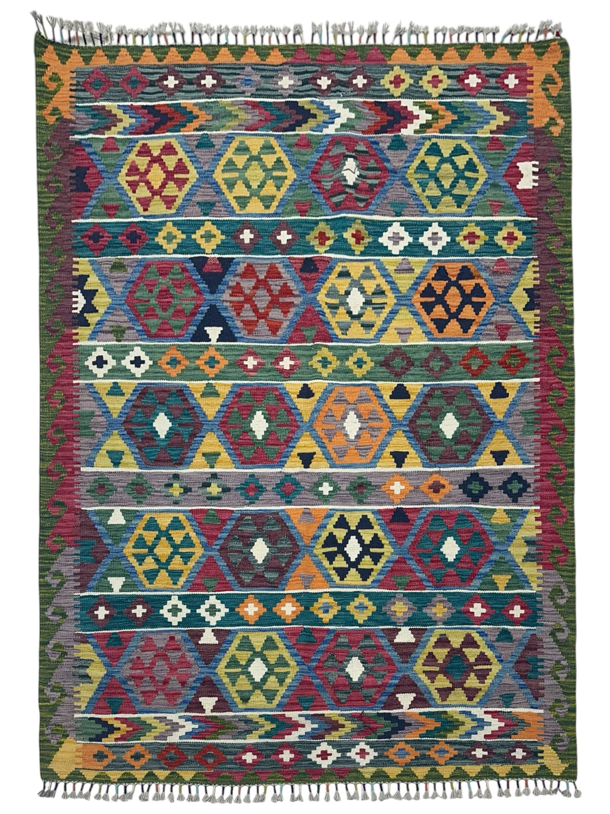 Afghan Kilim Rug 5x7, Teal, Red & Gold, Striped Wool Flatweave