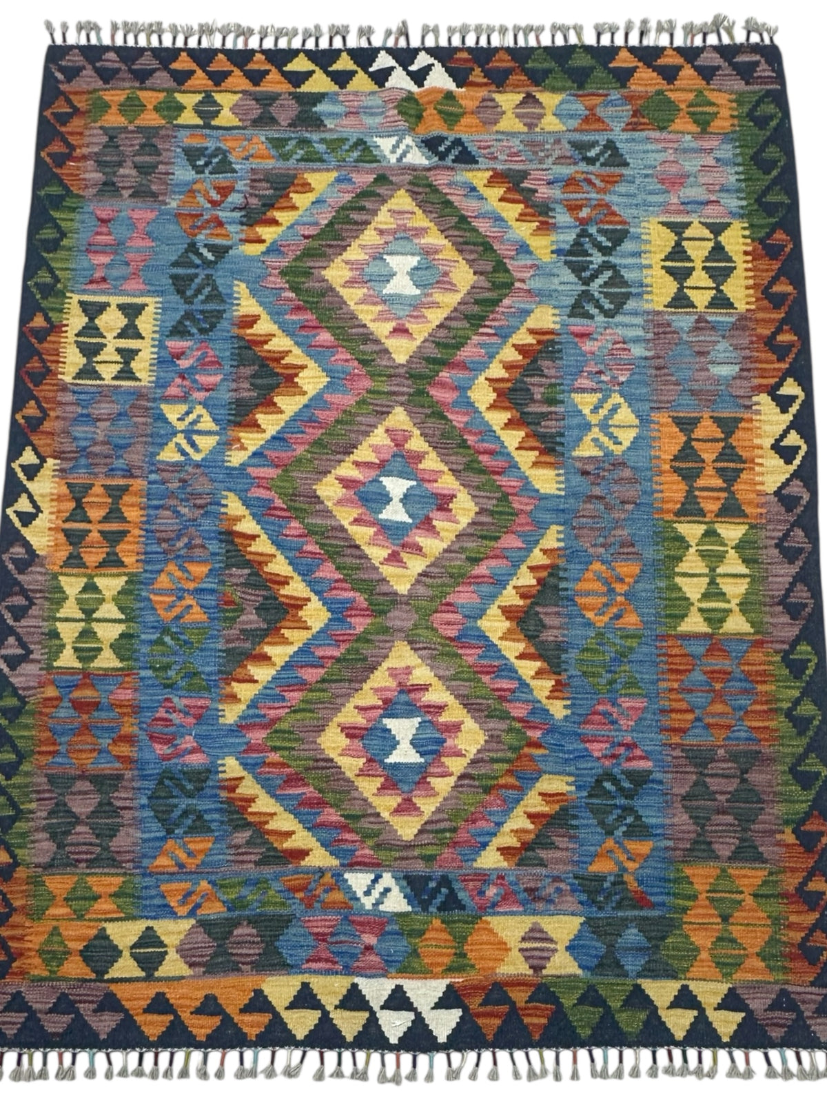 Afghan Kilim Rug 4x6, Blue, Navy & Gold, Hand-Woven Wool Flatweave, view 2