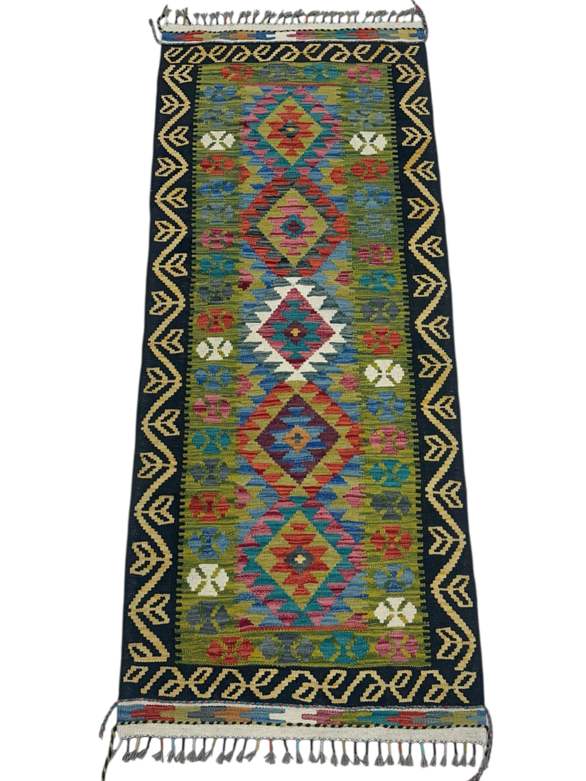 Afghan Kilim Runner 3x7, Olive Green, Black & Ivory, Hand-Woven Wool Flatweave, view 2