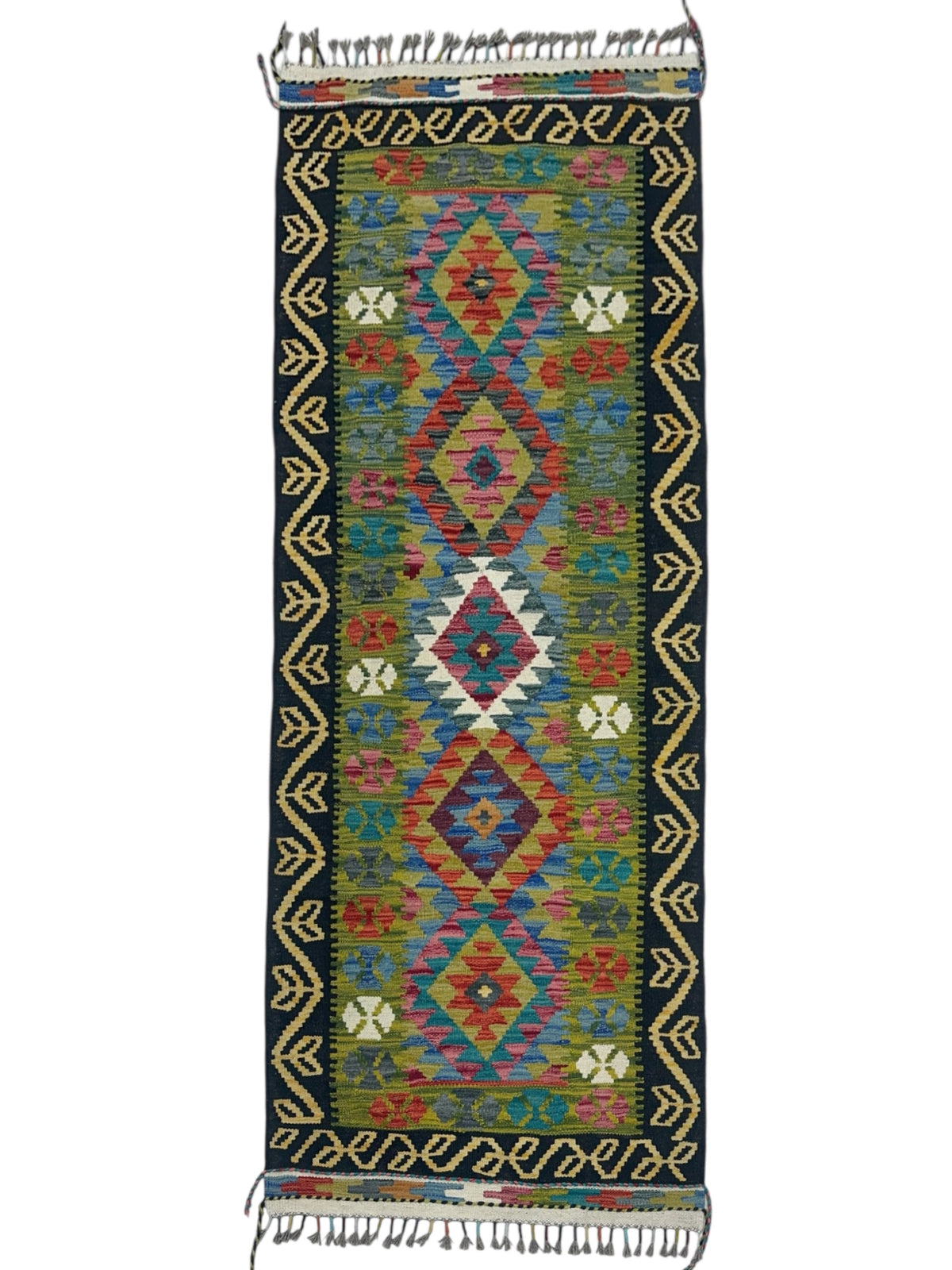 Afghan Kilim Runner 3x7, Olive Green, Black & Ivory, Hand-Woven Wool Flatweave