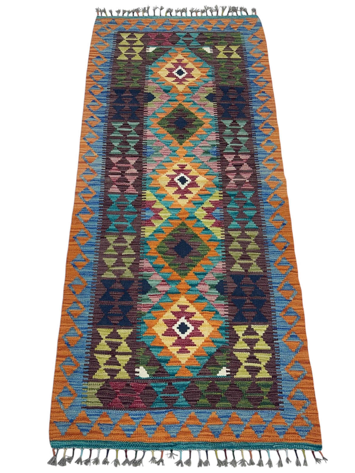 Afghan Kilim Runner 3x6, Orange, Navy & Teal, Hand-Woven Wool Flatweave, view 2