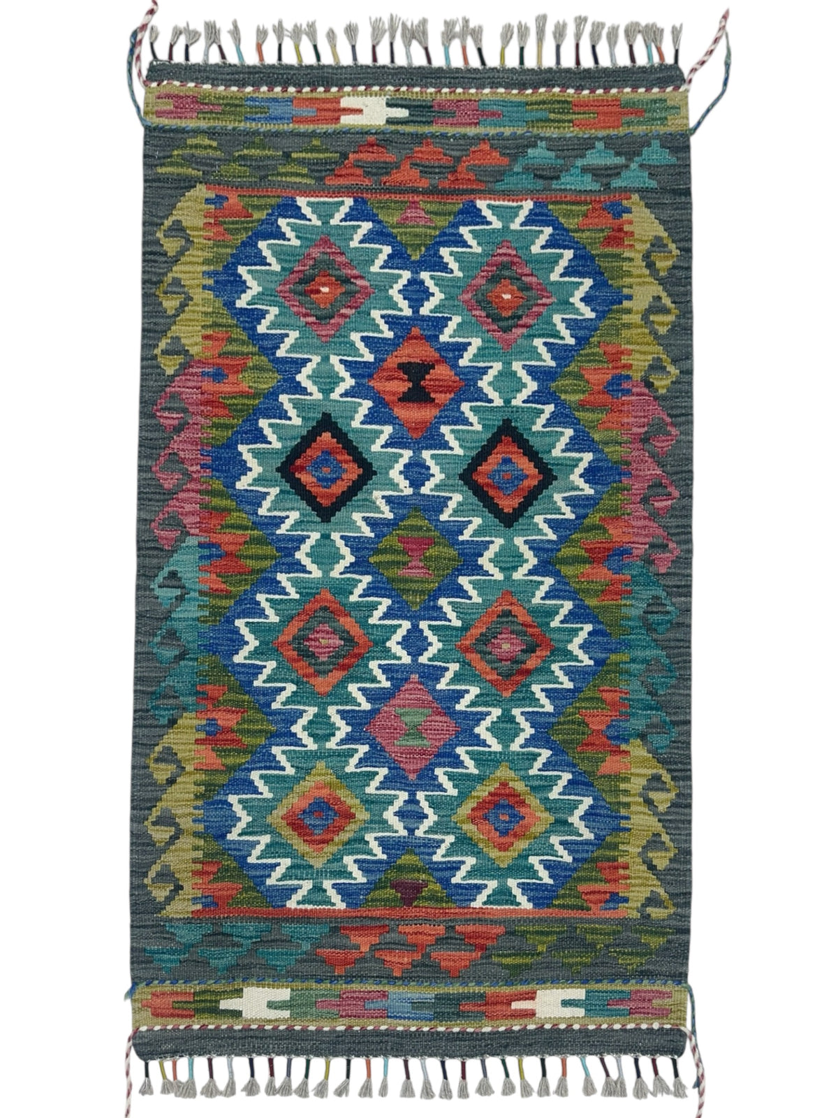 Afghan Kilim Rug 3x4, Teal, Blue & Olive Green, Hand-Woven Wool Flatweave