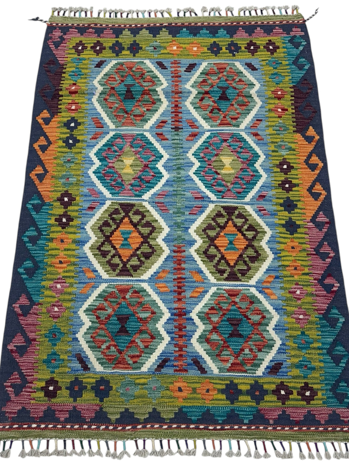 Afghan Kilim Rug 3x5, Olive Green, Navy & Blue, Hand-Woven Wool Flatweave, view 2