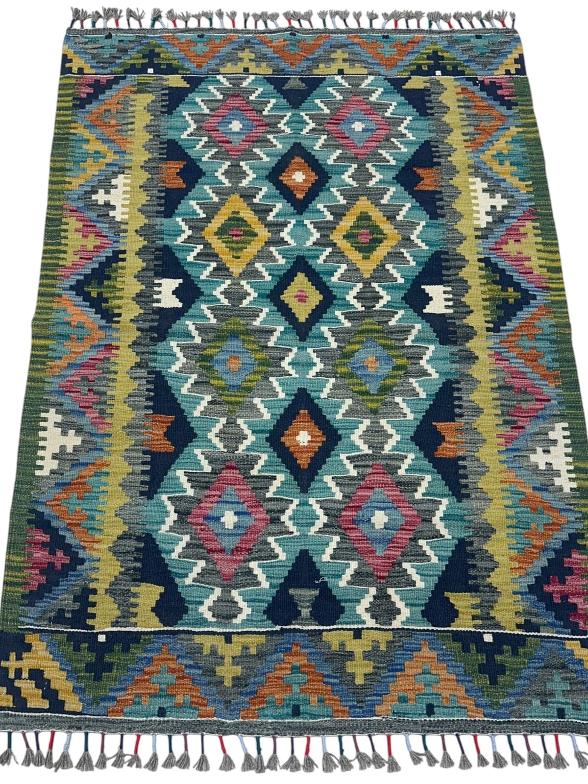 Afghan Kilim Runner 3x7, Teal, Navy & Olive Green, Hand-Woven Wool Flatweave, view 2