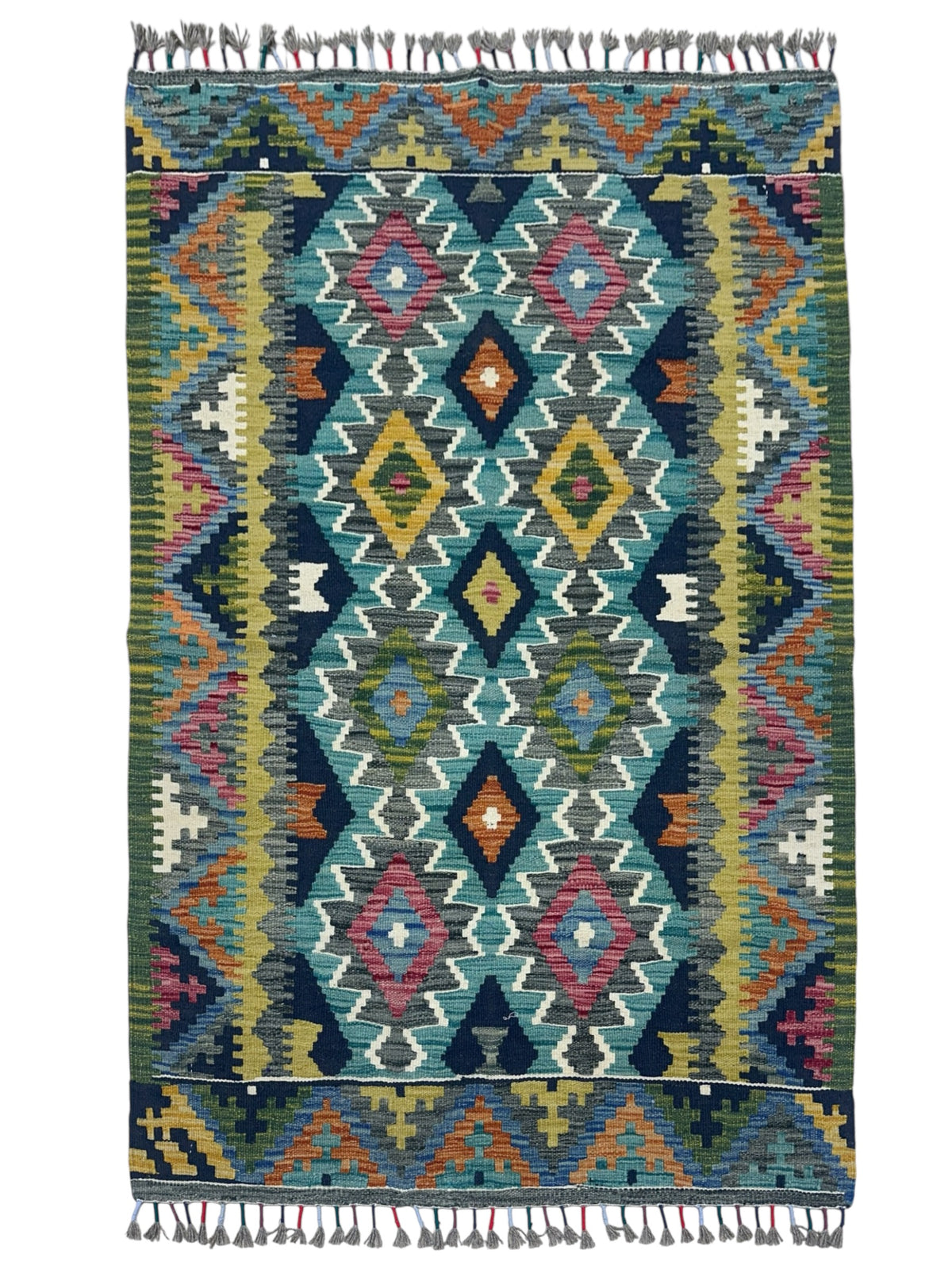 Afghan Kilim Runner 3x7, Teal, Navy & Olive Green, Hand-Woven Wool Flatweave