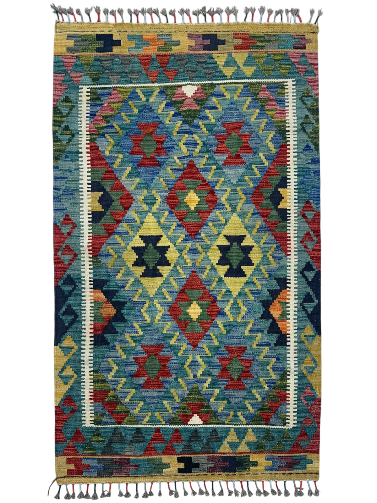 Afghan Kilim Rug 3x5, Blue, Red & Gold, Hand-Woven Wool Flatweave