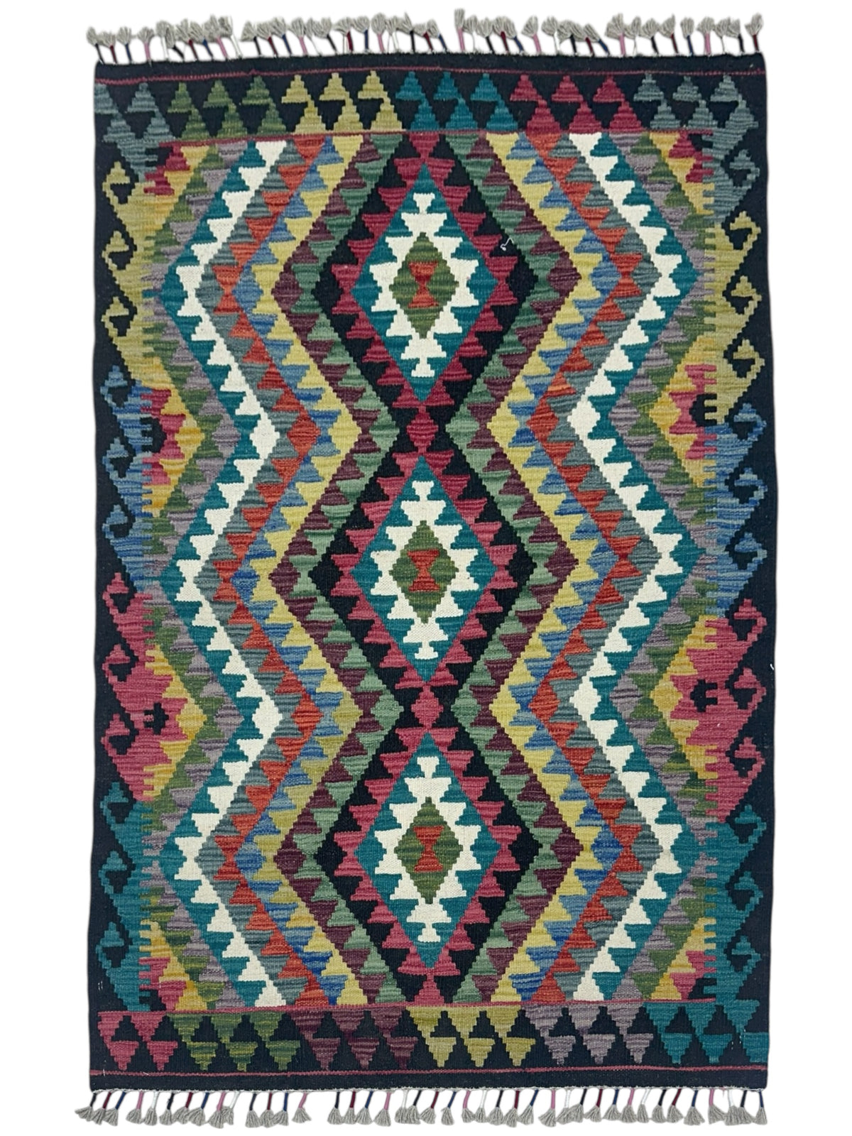 Afghan Kilim Rug 3x5, Black, Teal & Pink, Hand-Woven Wool Flatweave