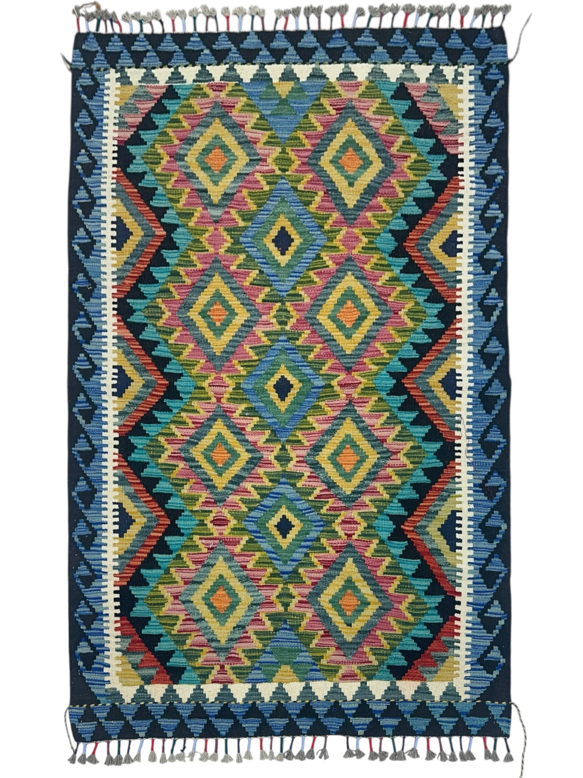 Afghan Kilim Rug 4x5, Navy, Blue & Teal, Hand-Woven Wool Flatweave