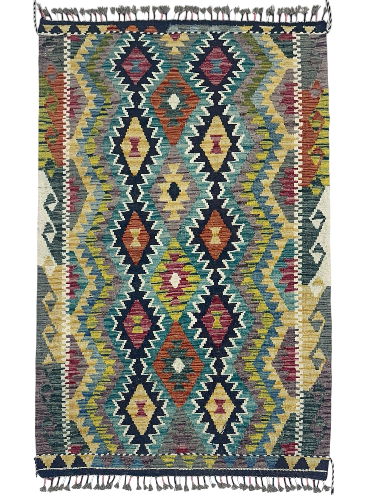 Afghan Kilim Rug 4x5, Gray, Gold & Navy, Hand-Woven Wool Flatweave