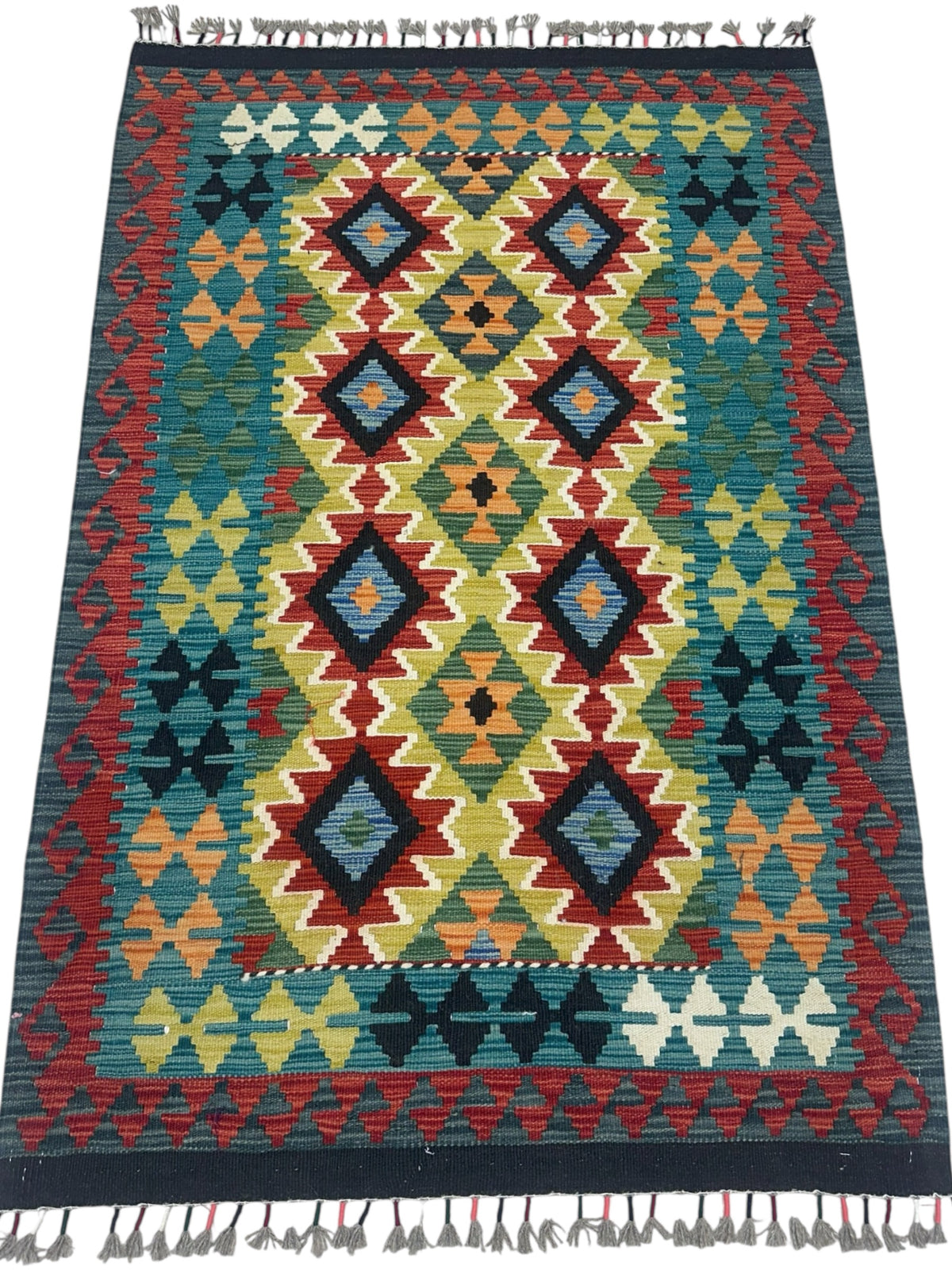 Afghan Kilim Rug 3x5, Teal, Red & Gold, Hand-Woven Wool Flatweave, view 2