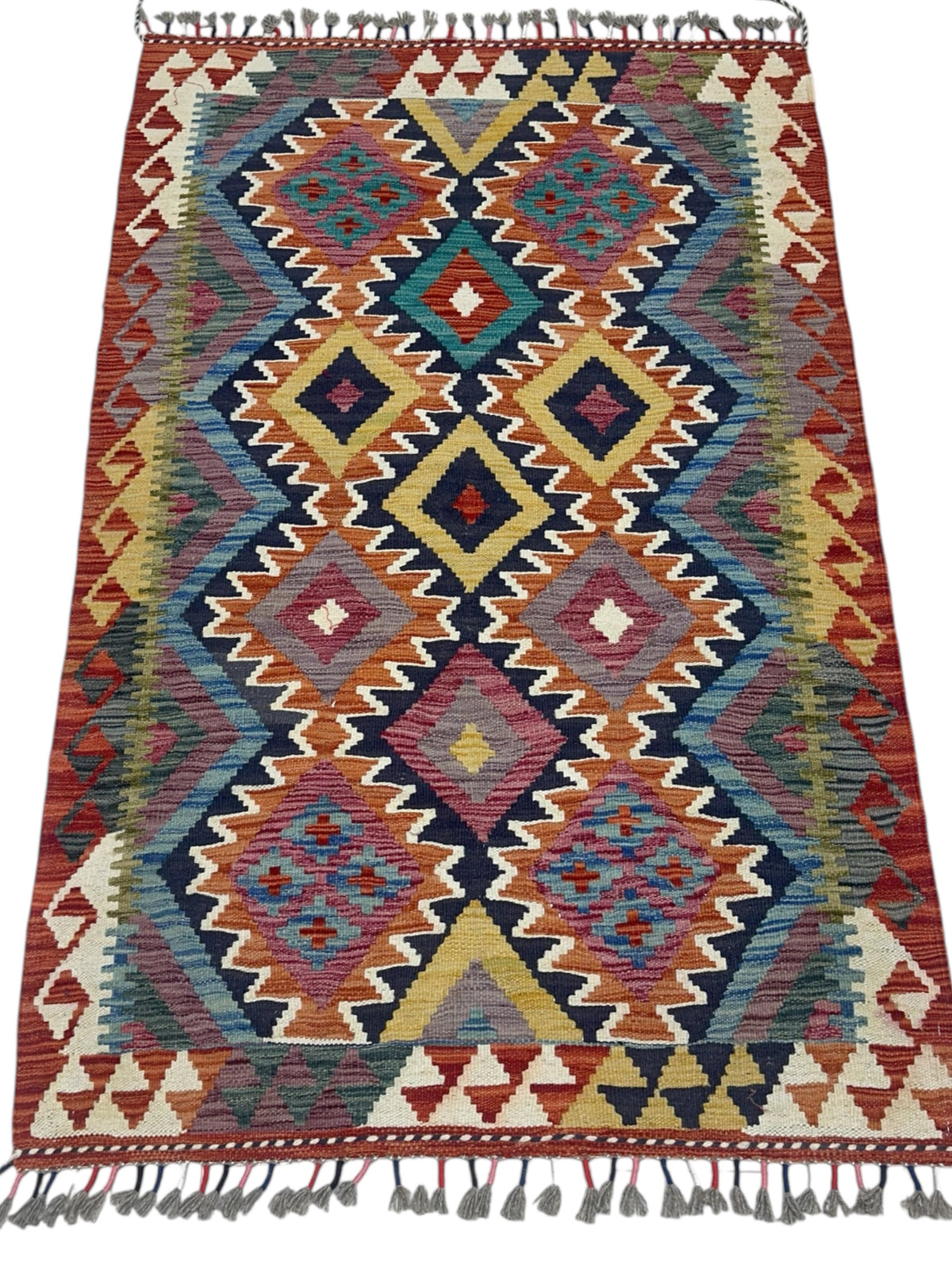 Afghan Kilim Rug 3x5, Rust, Blue & Orange, Hand-Woven Wool Flatweave, view 2