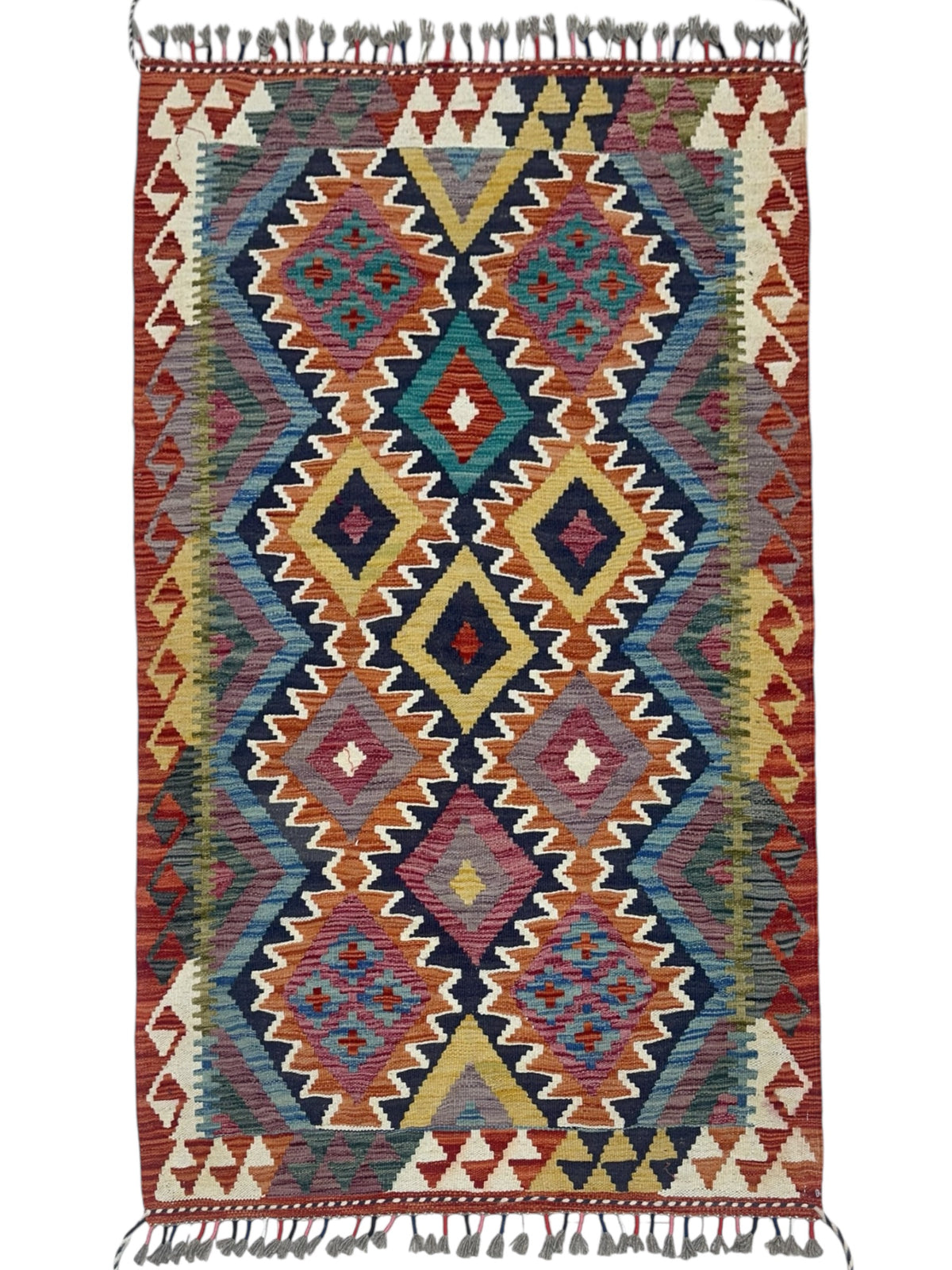 Afghan Kilim Rug 3x5, Rust, Blue & Orange, Hand-Woven Wool Flatweave