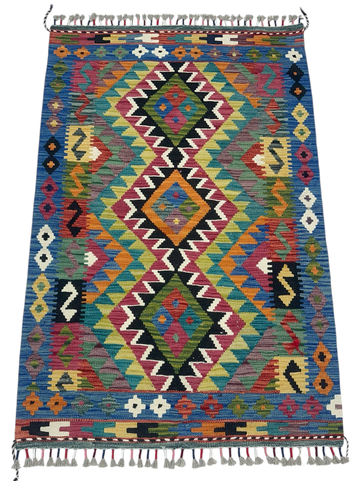 Afghan Kilim Rug 3x5, Blue, Teal & Pink, Hand-Woven Wool Flatweave, view 2
