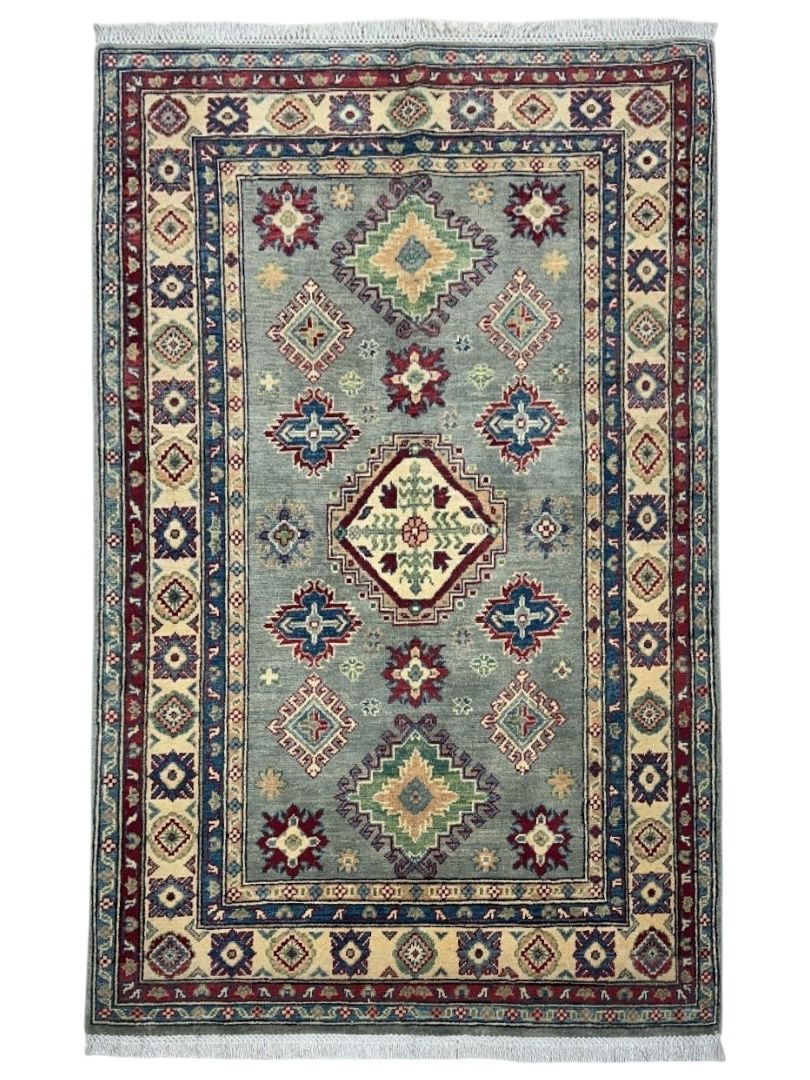 Afghan Kazak Rug 3'10" x 5'11", Hand-Knotted Wool, Beige & Red