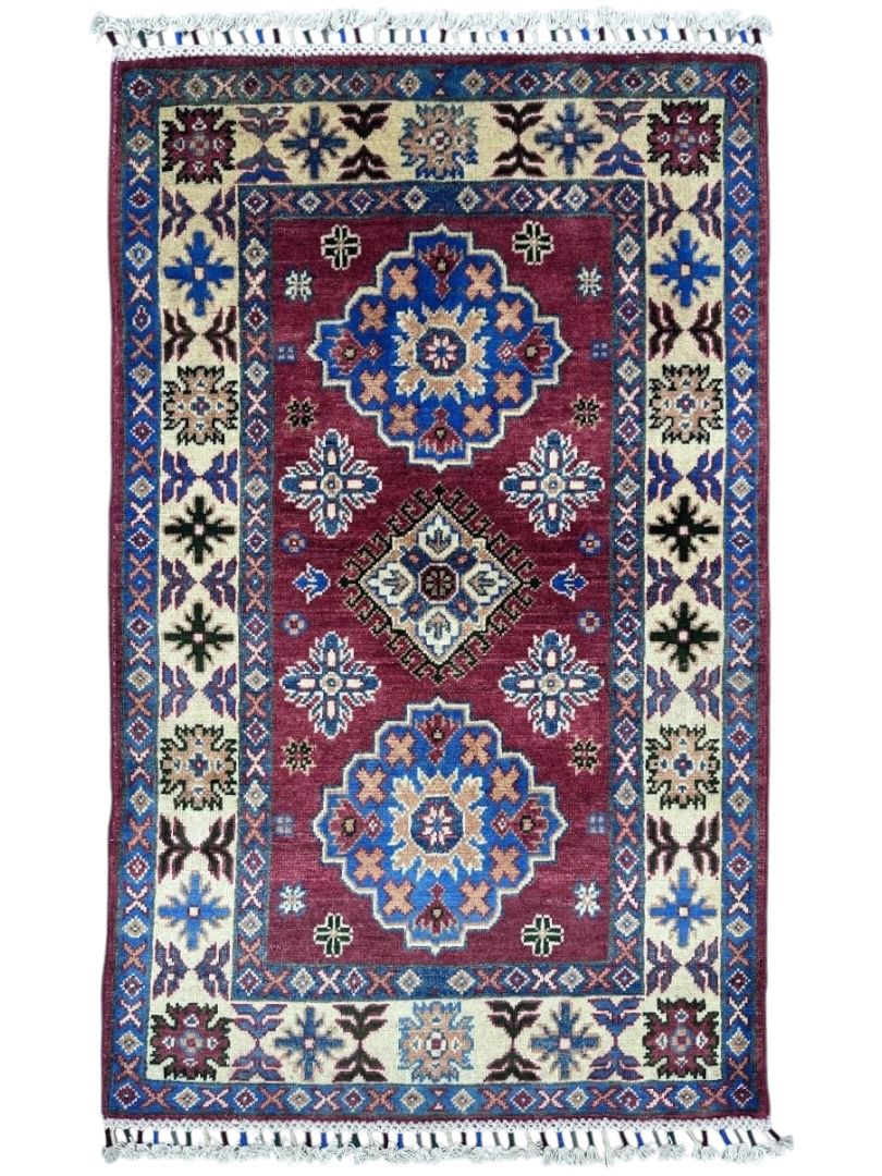 Hand-Knotted Afghani Kazak Wool Rug – 2’8″ x 4’2”