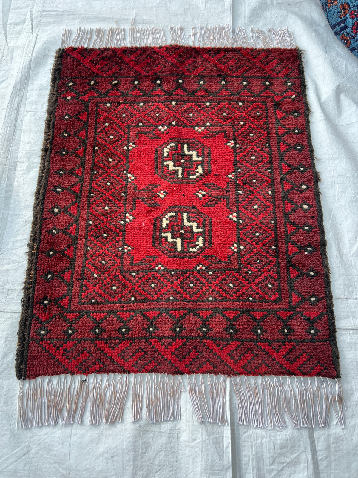 Baluch Turkmen Gul Rug 2x2 | Red, Black & Ivory | hand-knotted wool | full view, end