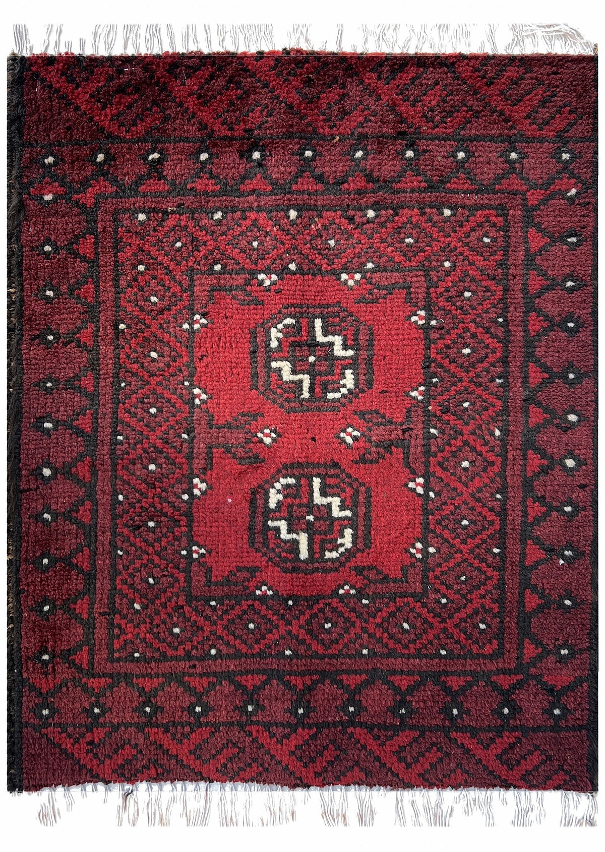 Afghan Baluch Rug 2x2 | red field with black and ivory guls | gul design | hand-knotted wool