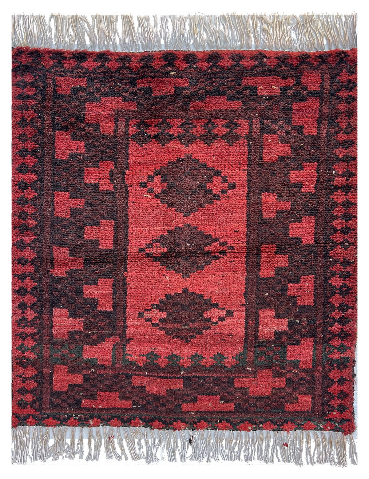 Afghan Baluch Rug 2x2 | brick red field with charcoal stepped motifs | tribal design | hand-knotted wool