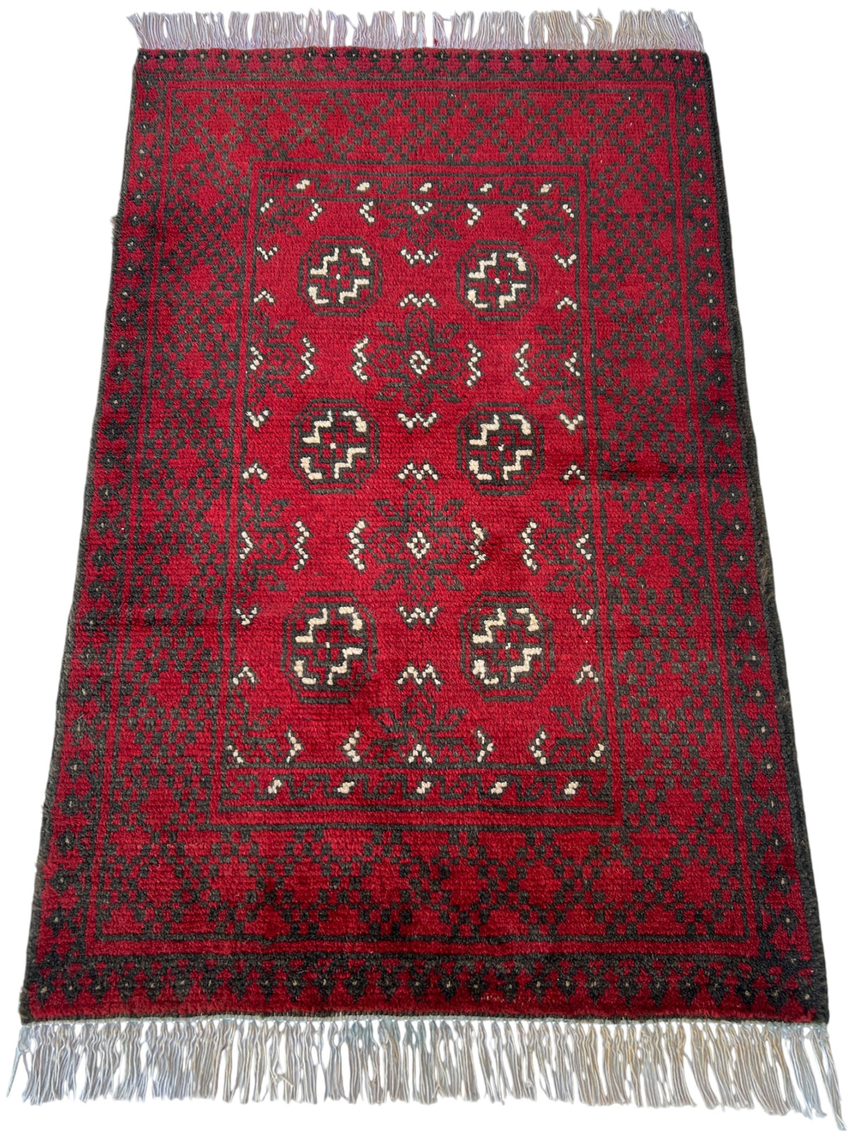 Baluch Turkmen Gul Rug 2x3 | Red, Black & Ivory | hand-knotted wool | full view, end