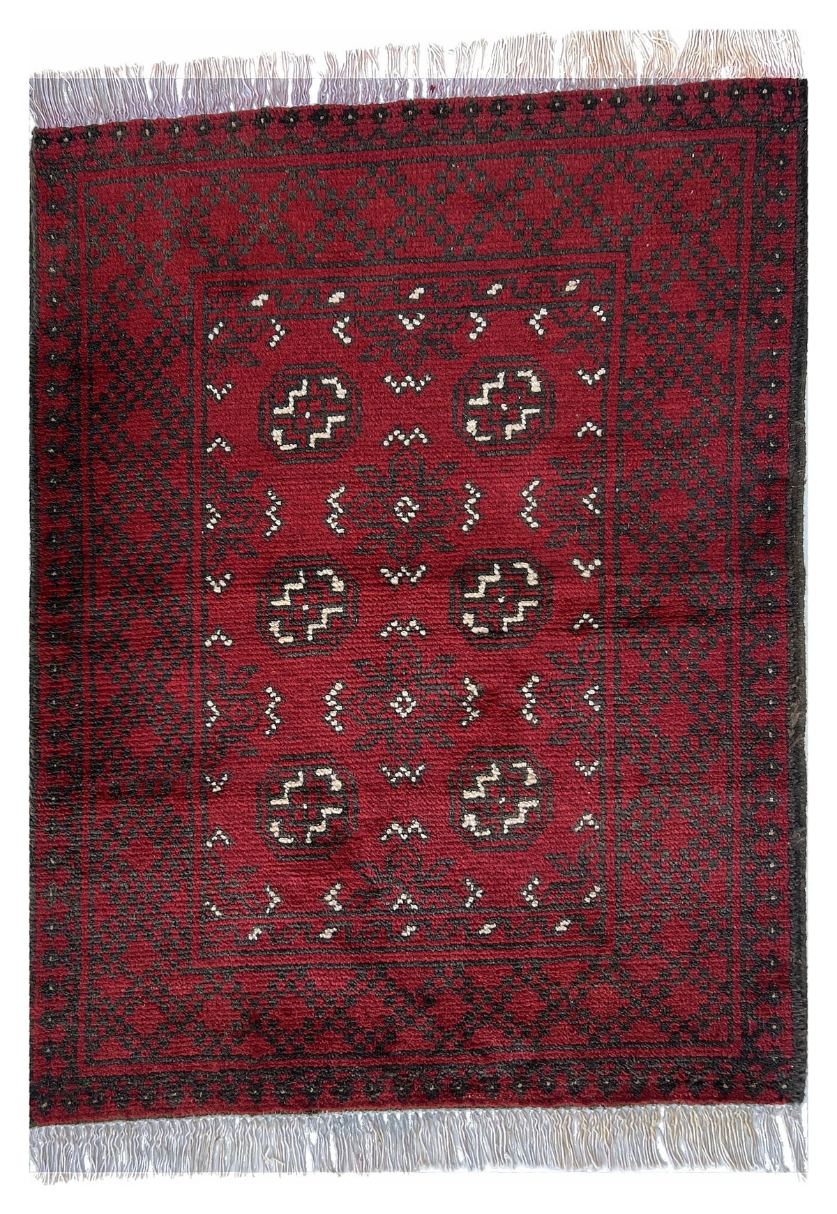 Afghan Baluch Rug 2x3 | red field with ivory guls with black | gul design | hand-knotted wool