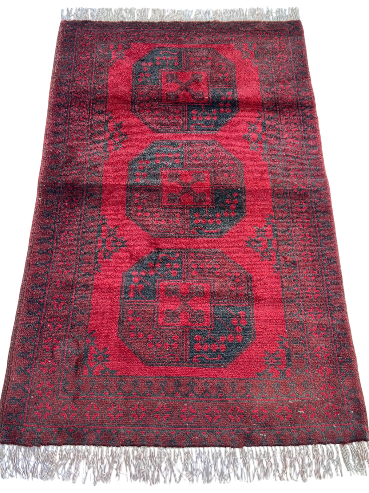 Baluch Filpai Rug 3x4 | Red & Navy | hand-knotted wool | full view, end
