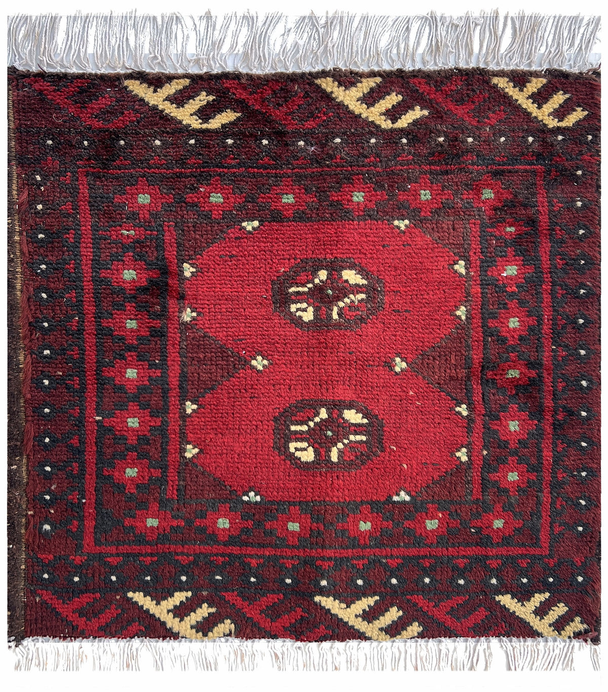 Afghan Baluch Rug 8x9 | red field with black and gold guls | gul design | hand-knotted wool
