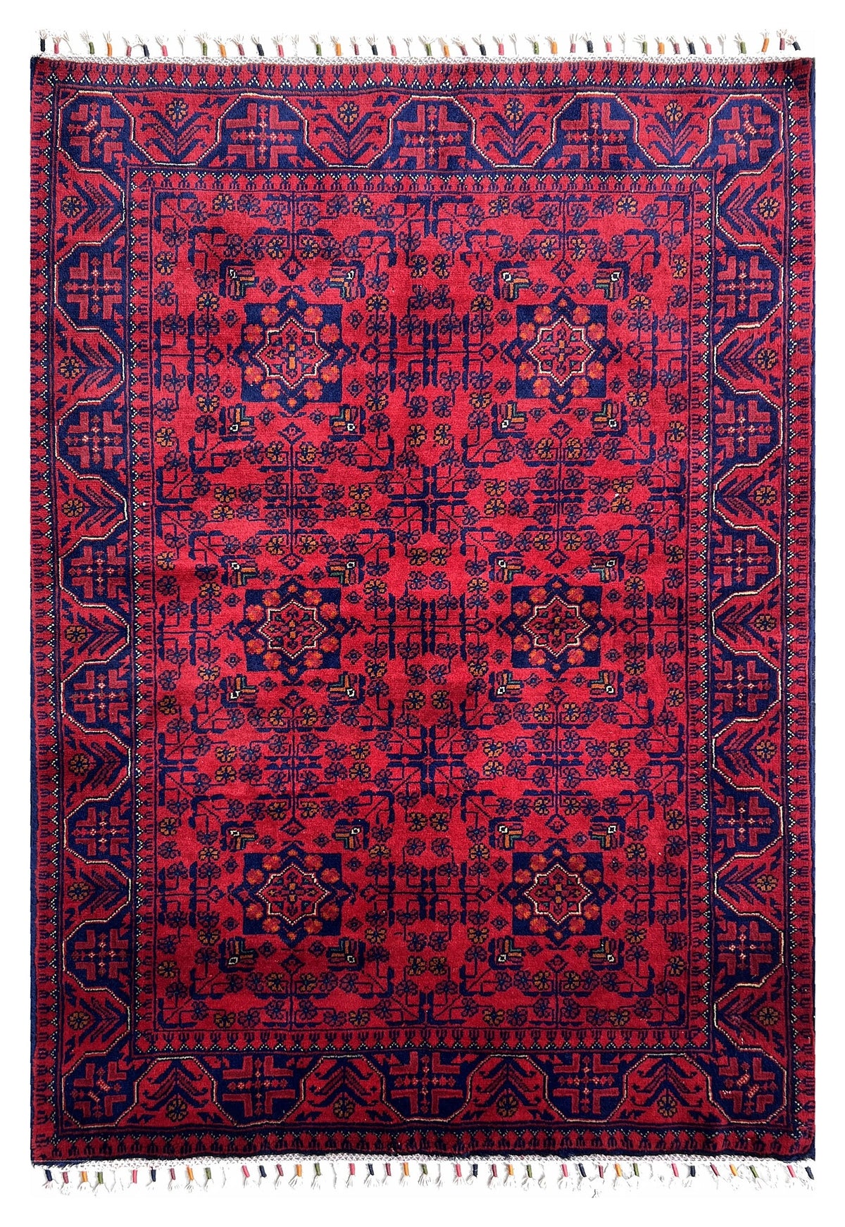 Afghan Bukhara Rug 3x5 | bright red field with navy guls | gul design | hand-knotted wool
